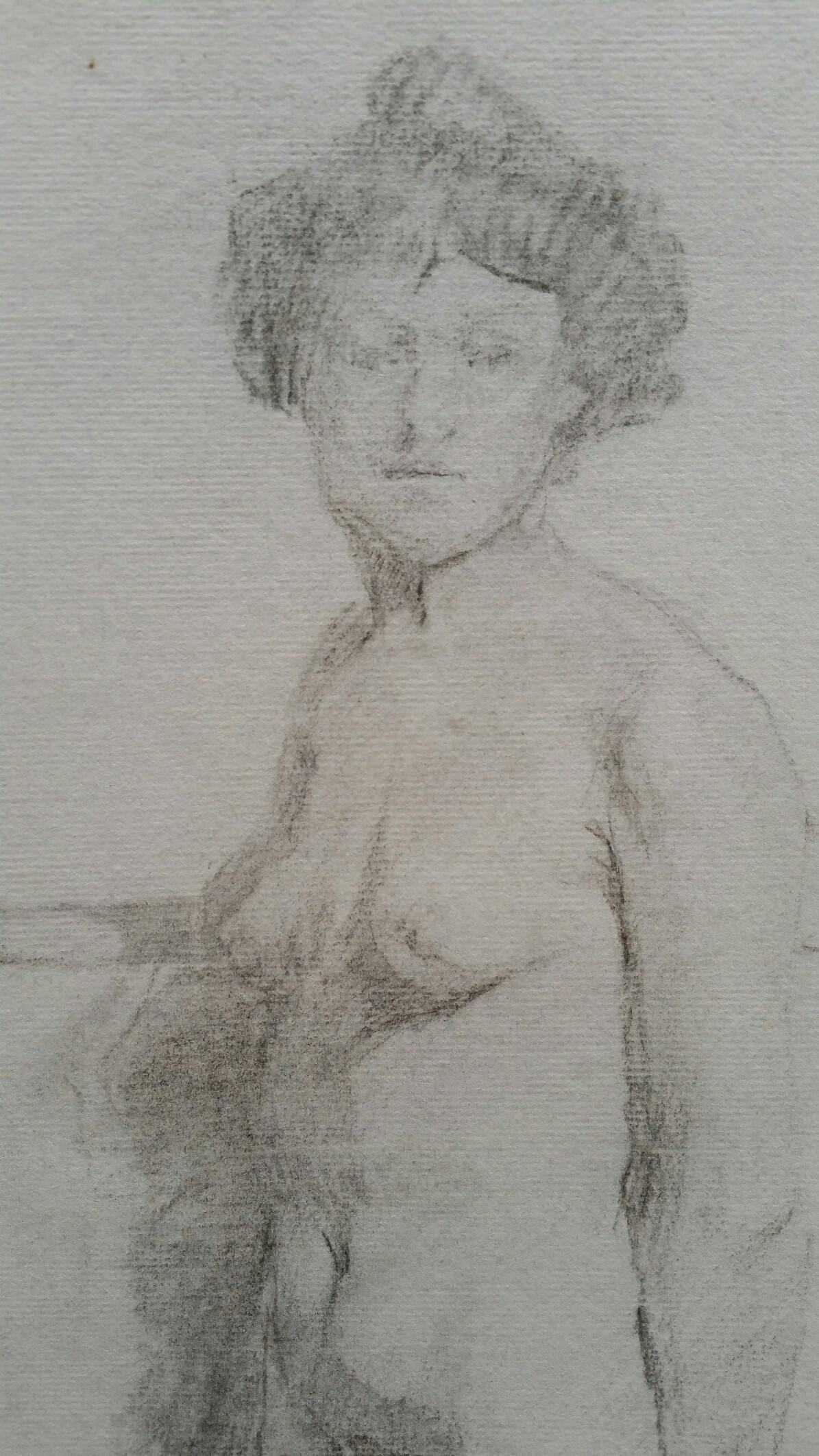 English Graphite Portrait Sketch of Female Nude, Standing - Impressionist Art by Henry George Moon