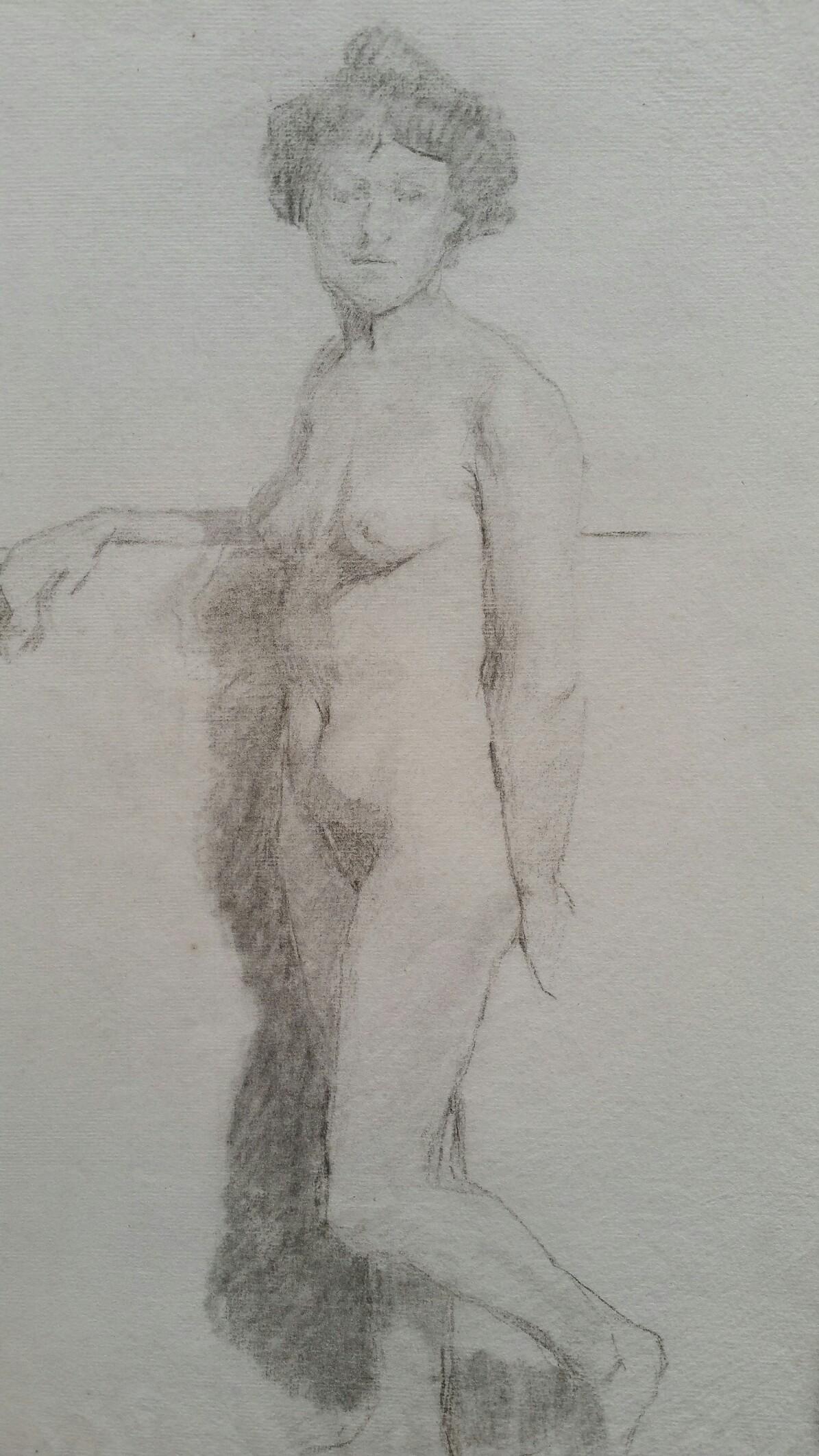 English Graphite Portrait Sketch of Female Nude, Standing - Art by Henry George Moon
