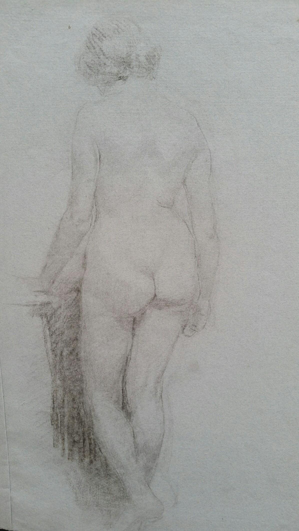 English Graphite Portrait Sketch of Female Nude, Back View - Art by Henry George Moon