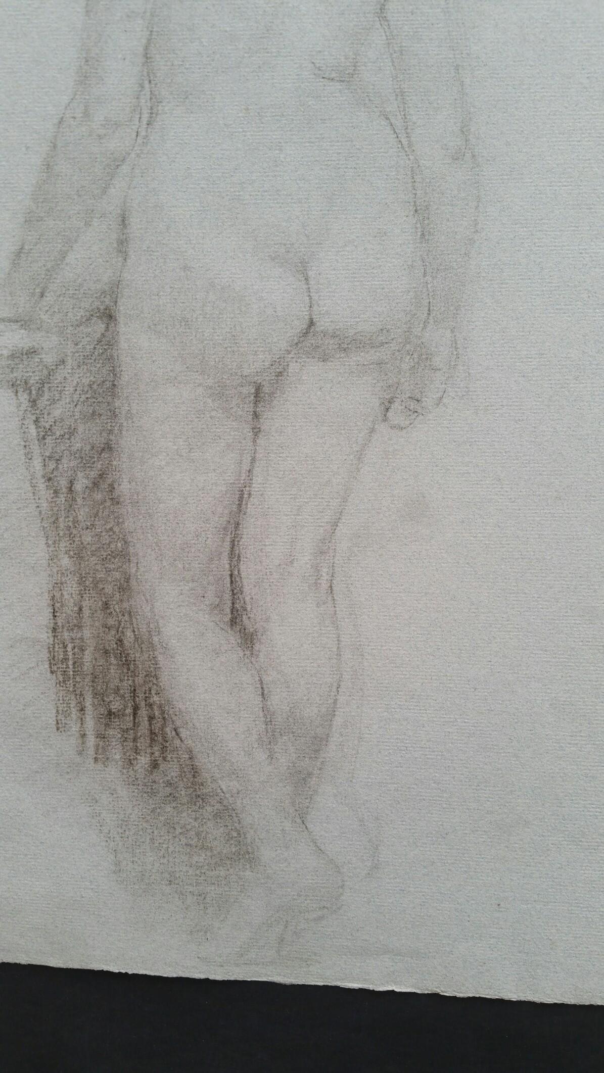 English Graphite Sketch of a Female Nude, Back View
by Henry George Moon (British 1857-1905)
on pale blue/grey artists paper, unframed
measurements: sheet 18.5 x 11 inches (width measured at narrowest point of sheet based on fold to the
