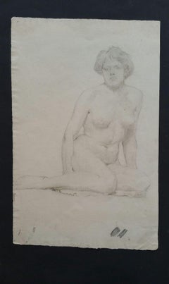 English Graphite Portrait Sketch of Female Nude, Seated