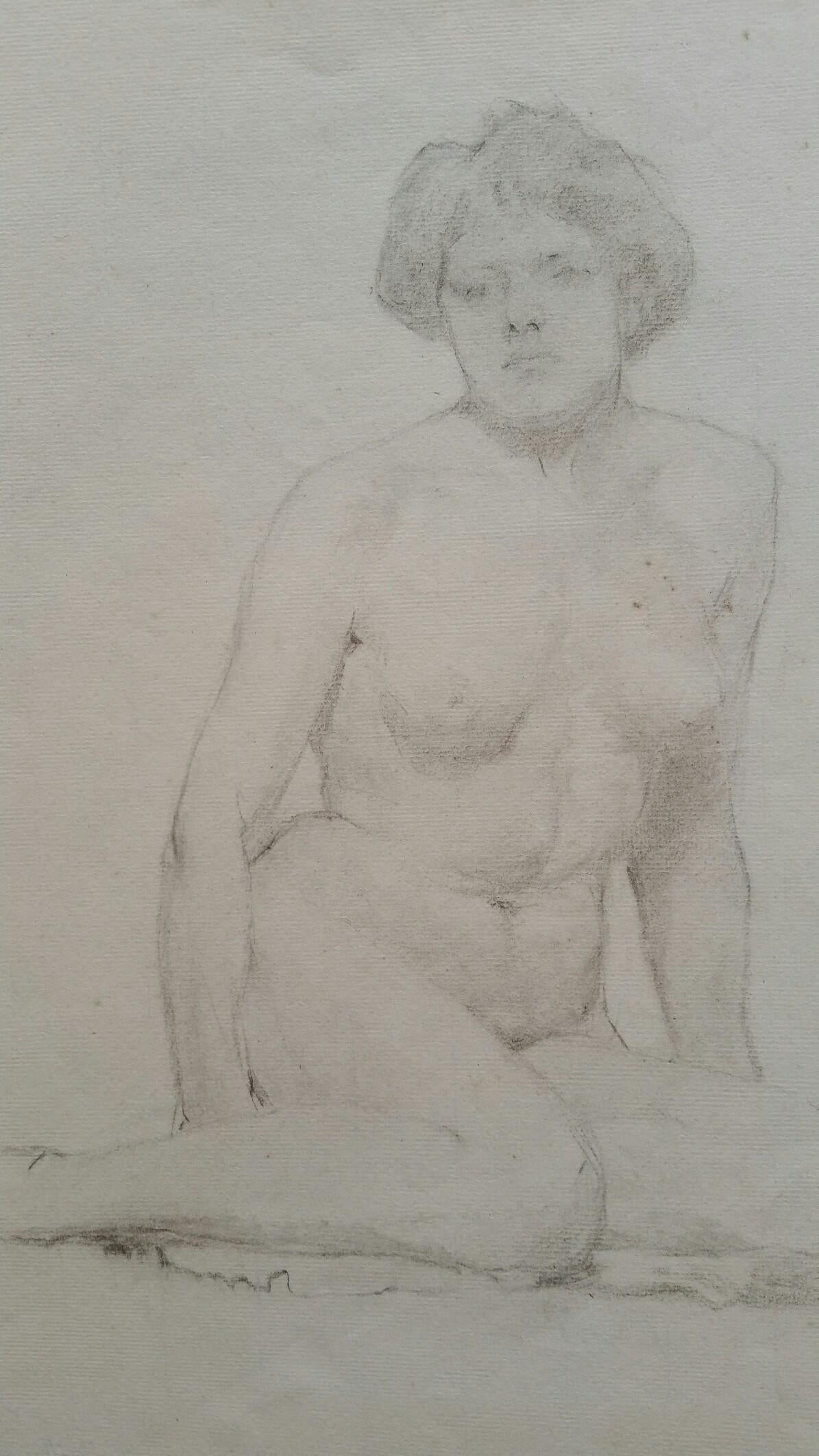 English Graphite Portrait Sketch of Female Nude, Seated