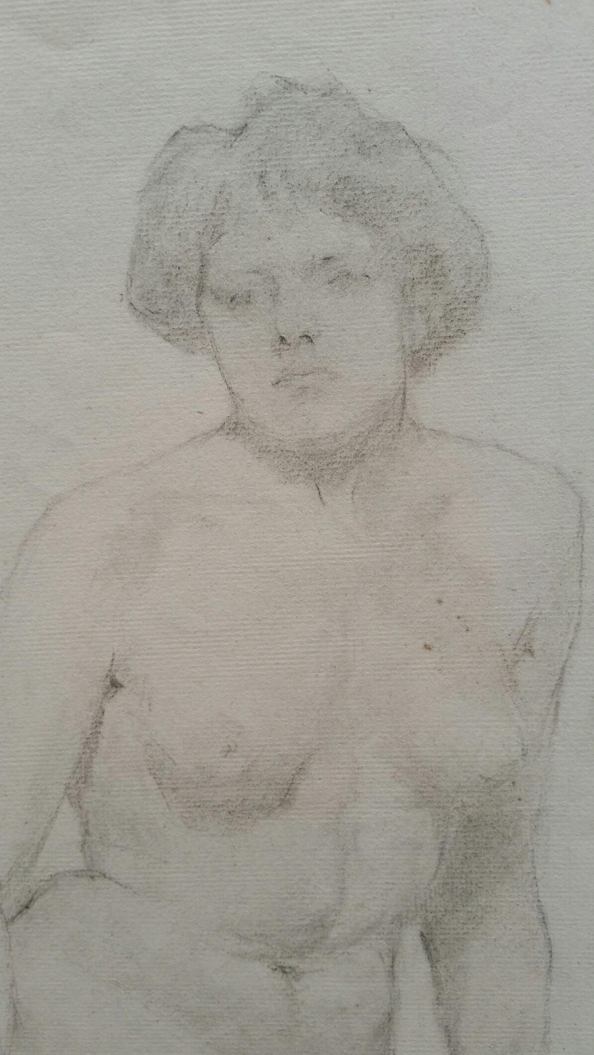 English Graphite Sketch of a Female Nude, Seated on Floor
by Henry George Moon (British 1857-1905)
on off white artists paper, unframed
measurements: sheet 18.75 x 12 inches 

provenance: from the artists estate

Condition report: pin holes to