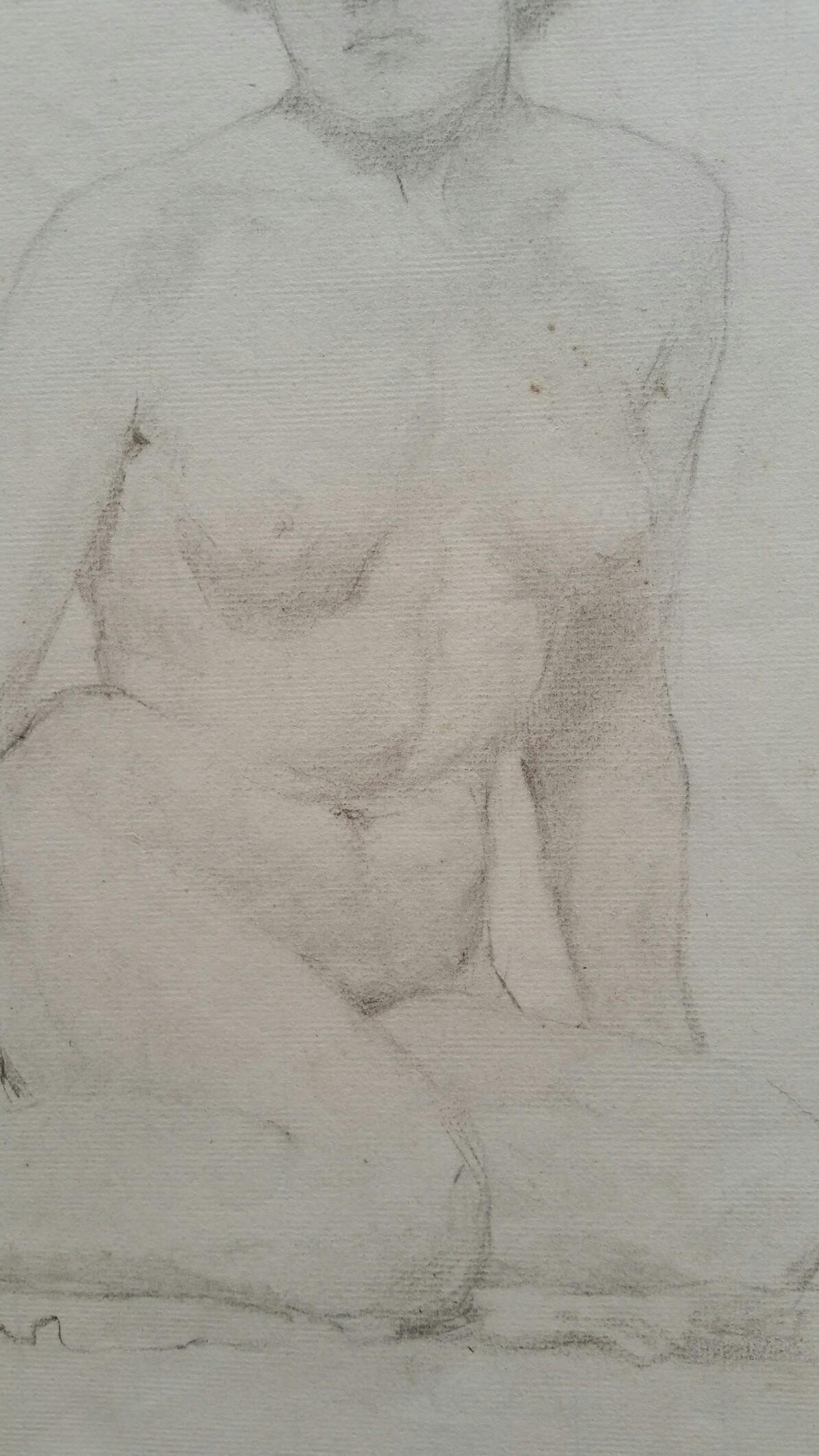 English Graphite Portrait Sketch of Female Nude, Seated For Sale 1