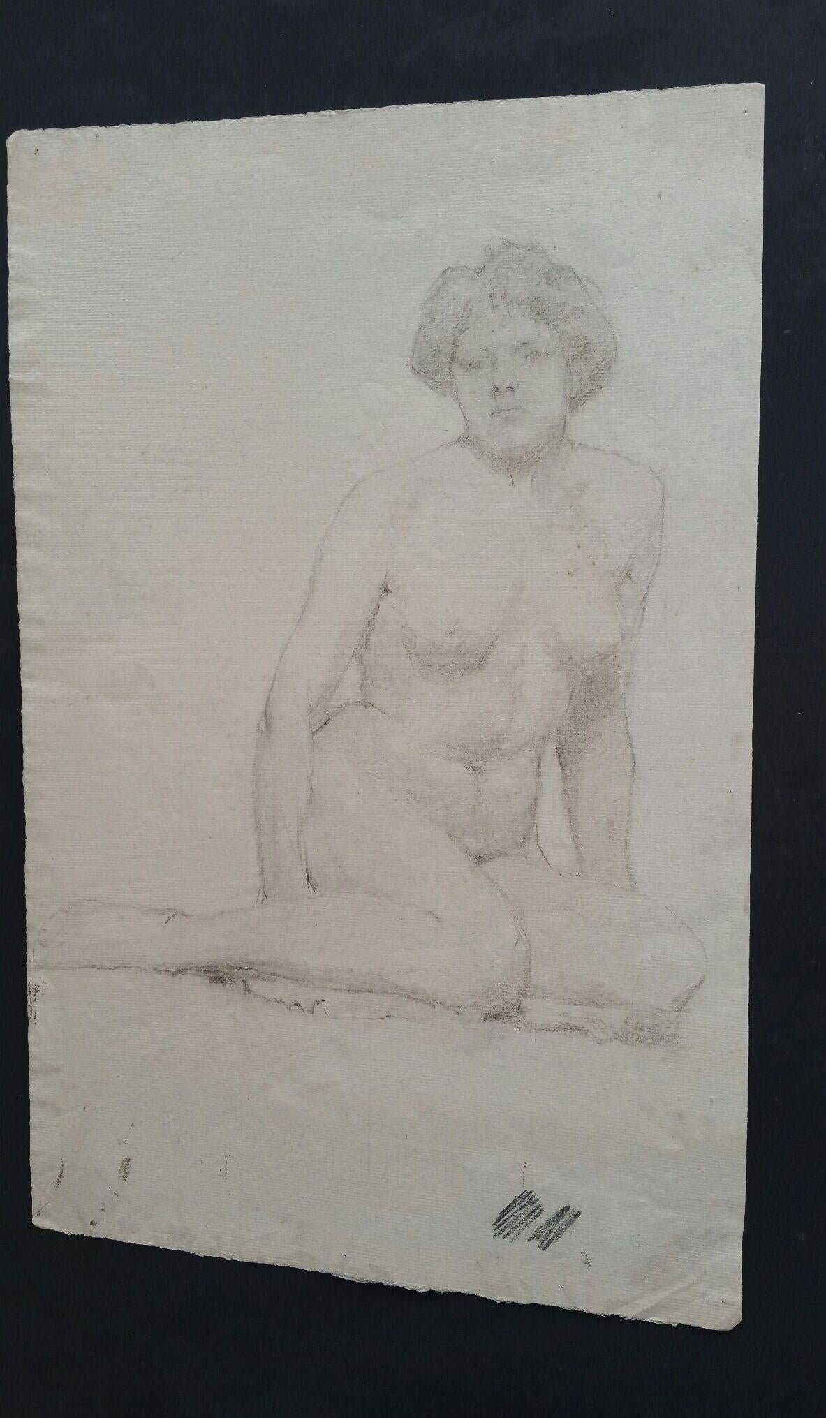 English Graphite Portrait Sketch of Female Nude, Seated For Sale 4