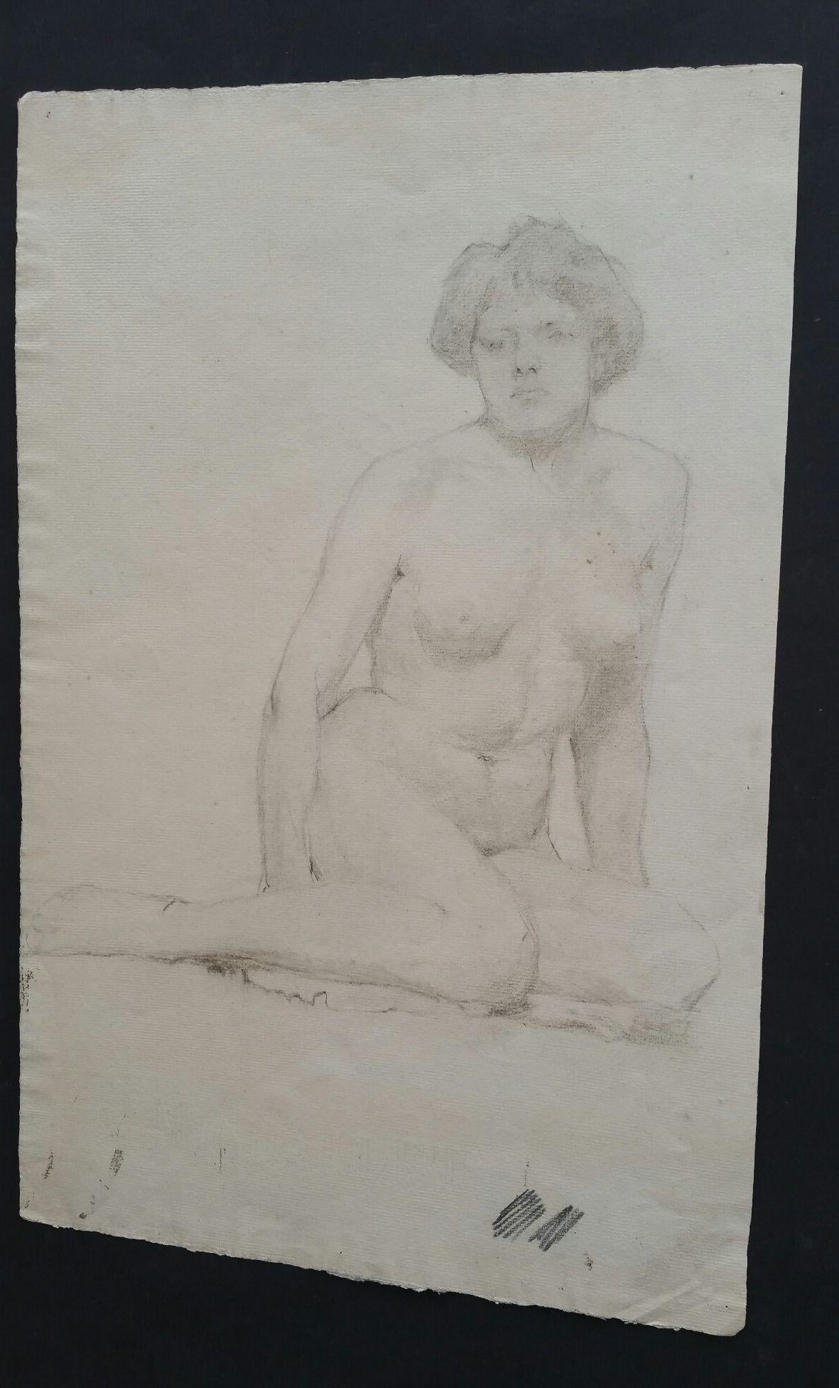 English Graphite Portrait Sketch of Female Nude, Seated For Sale 5