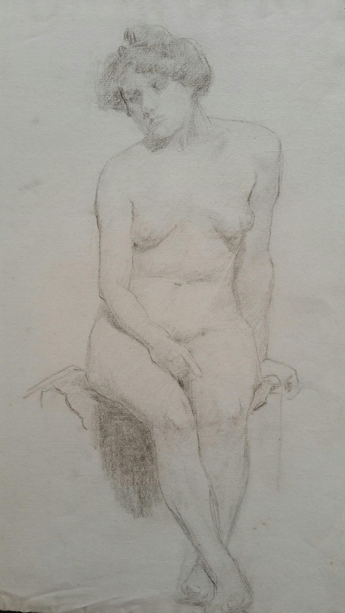 English Graphite Portrait Sketch of Female Nude, Seated - Art by Henry George Moon