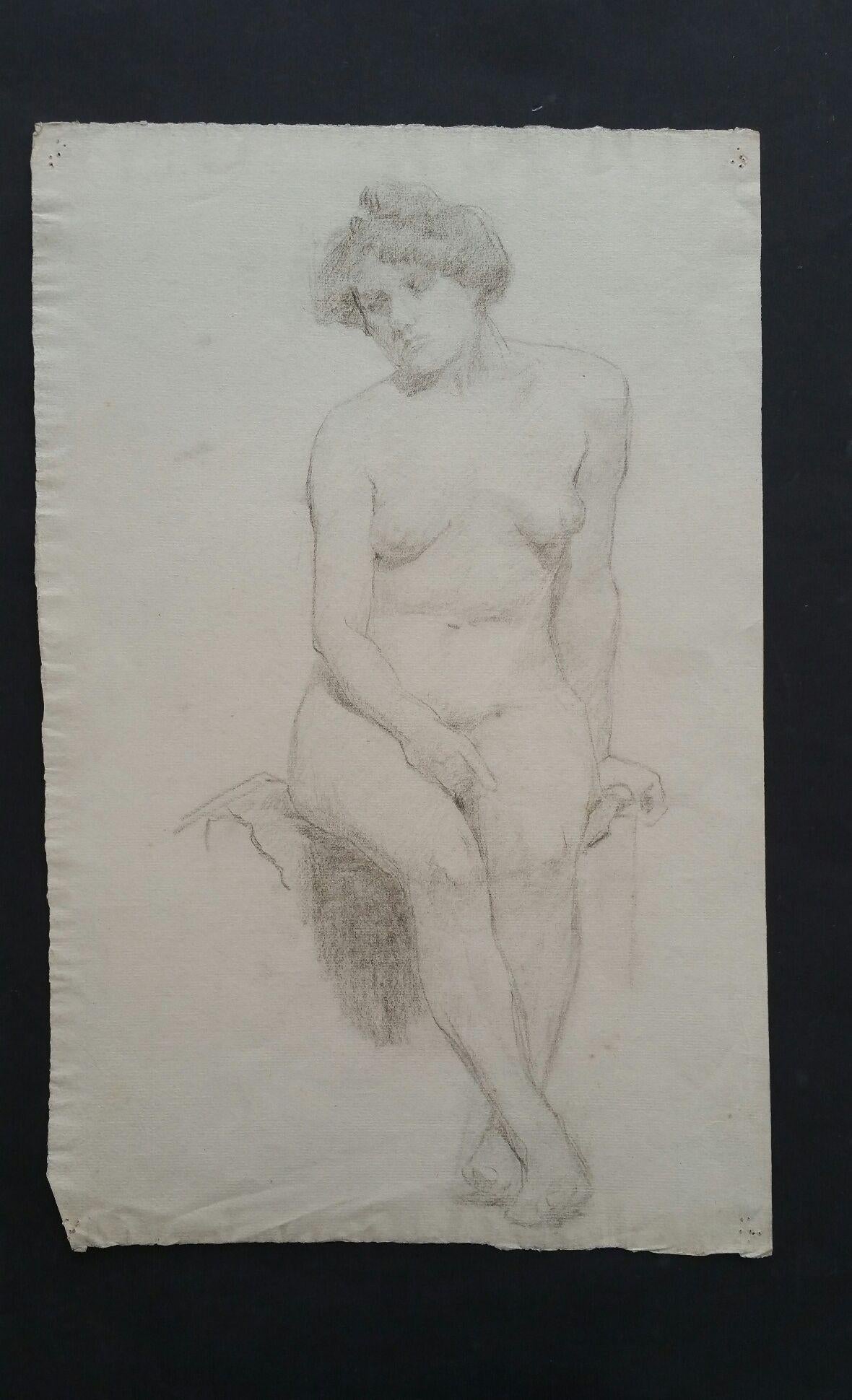 English Graphite Portrait Sketch of Female Nude, Seated For Sale 4