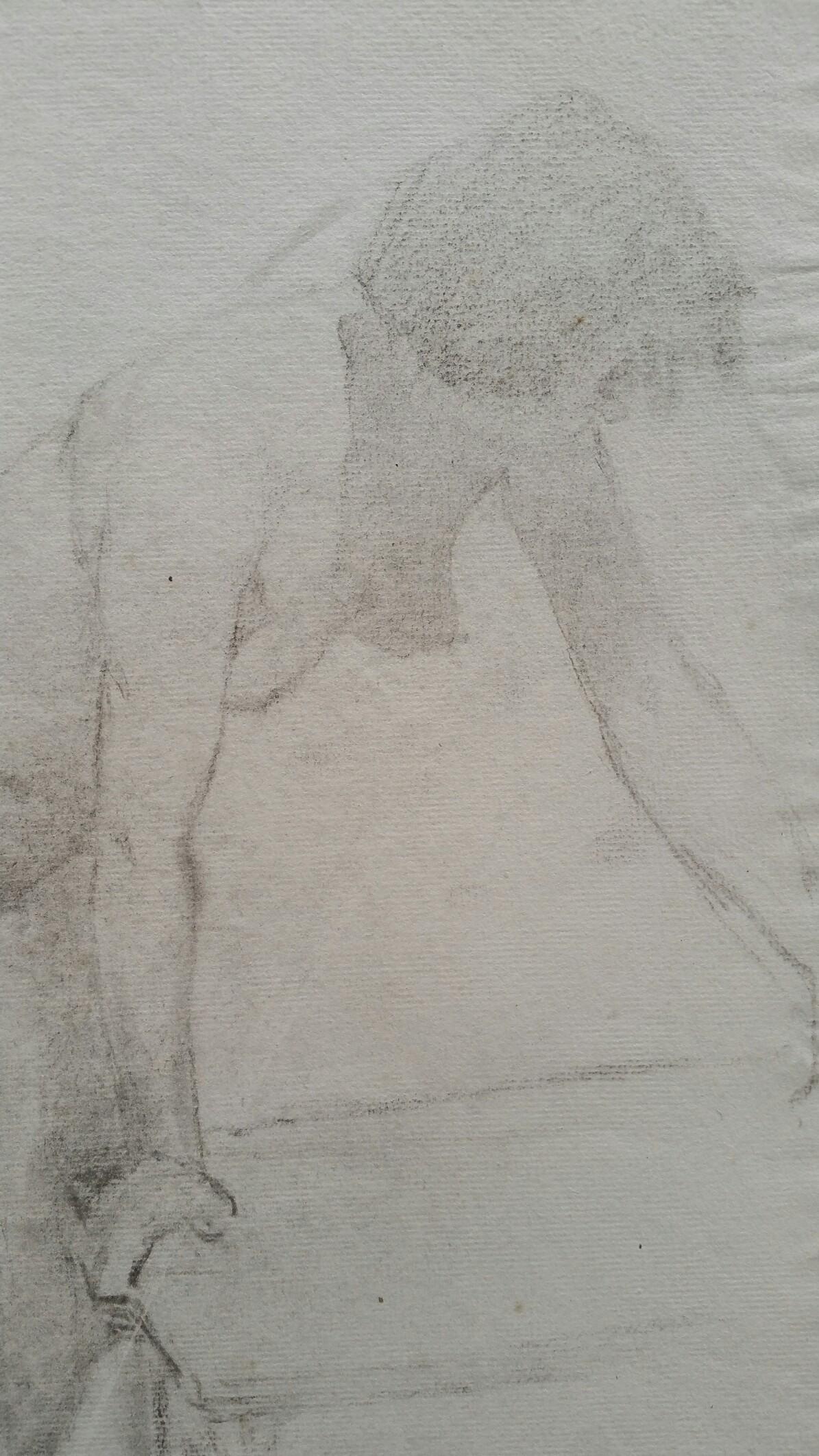 English Graphite Sketch of a Female Nude, Leaning
by Henry George Moon (British 1857-1905)
on off white artists paper, unframed
measurements: sheet 18.25 x 11.5 inches 

provenance: from the artists estate

Condition report: pin holes to corners