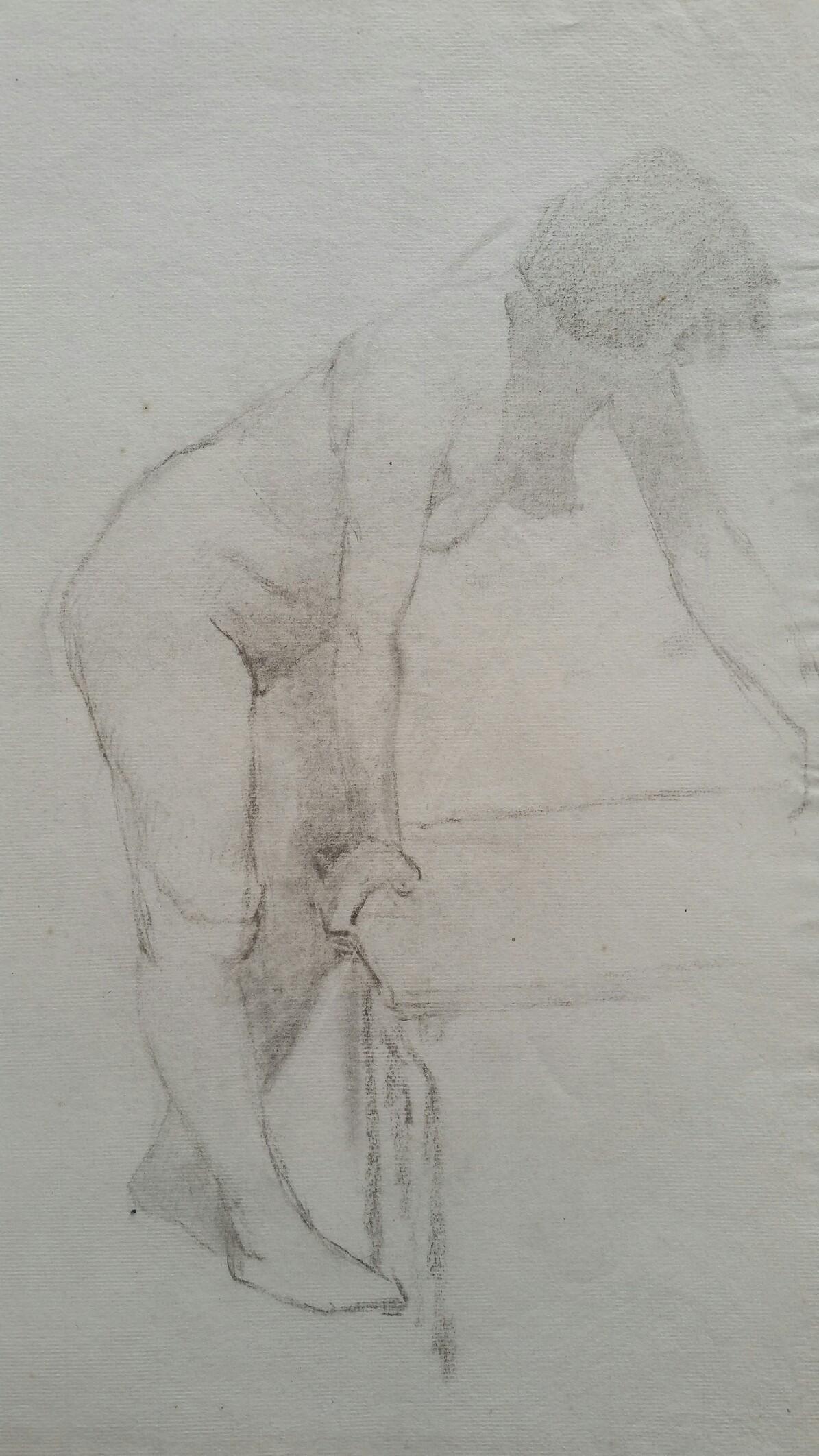 English Graphite Portrait Sketch of Female Nude, Leaning - Art by Henry George Moon