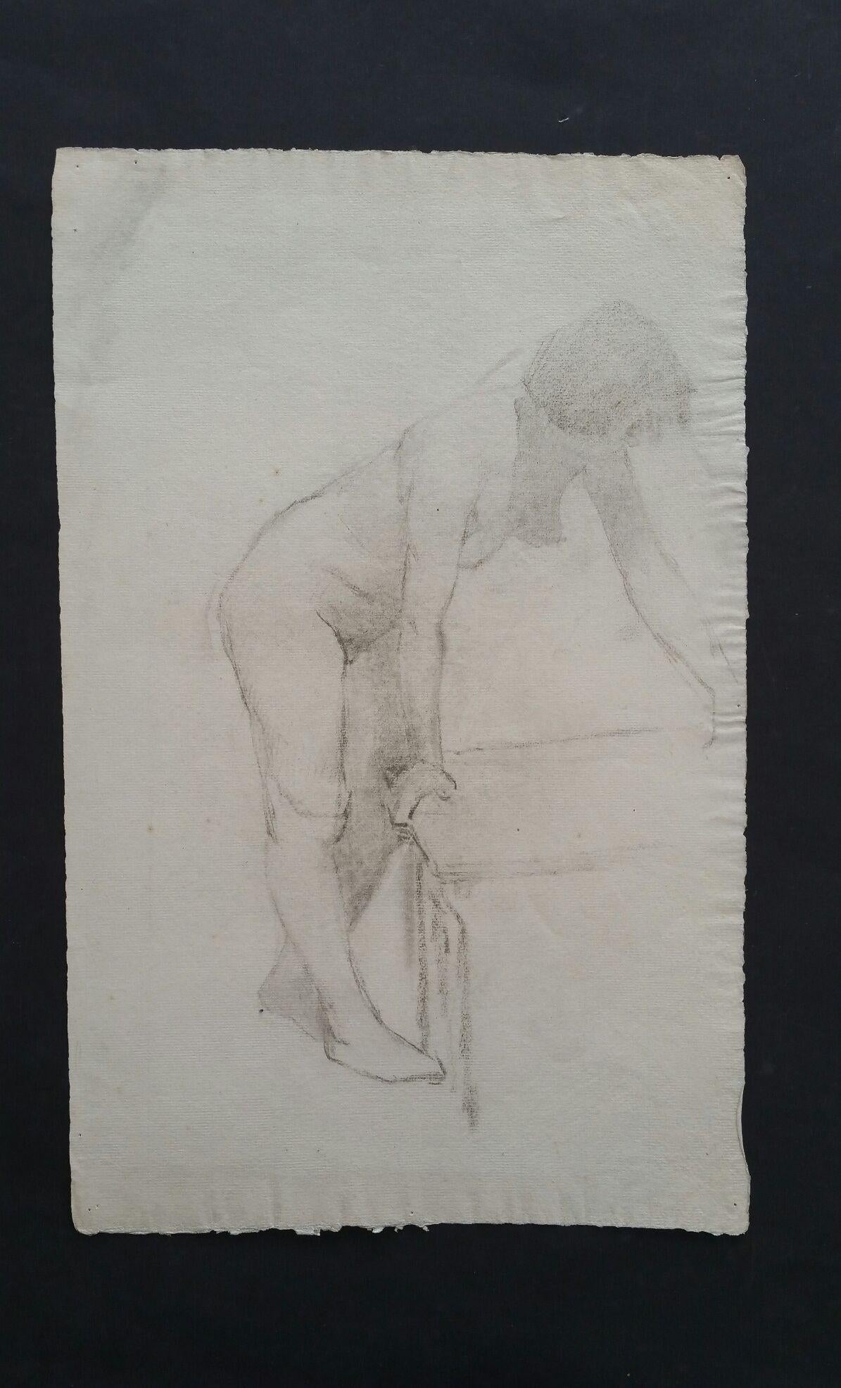 English Graphite Portrait Sketch of Female Nude, Leaning For Sale 1
