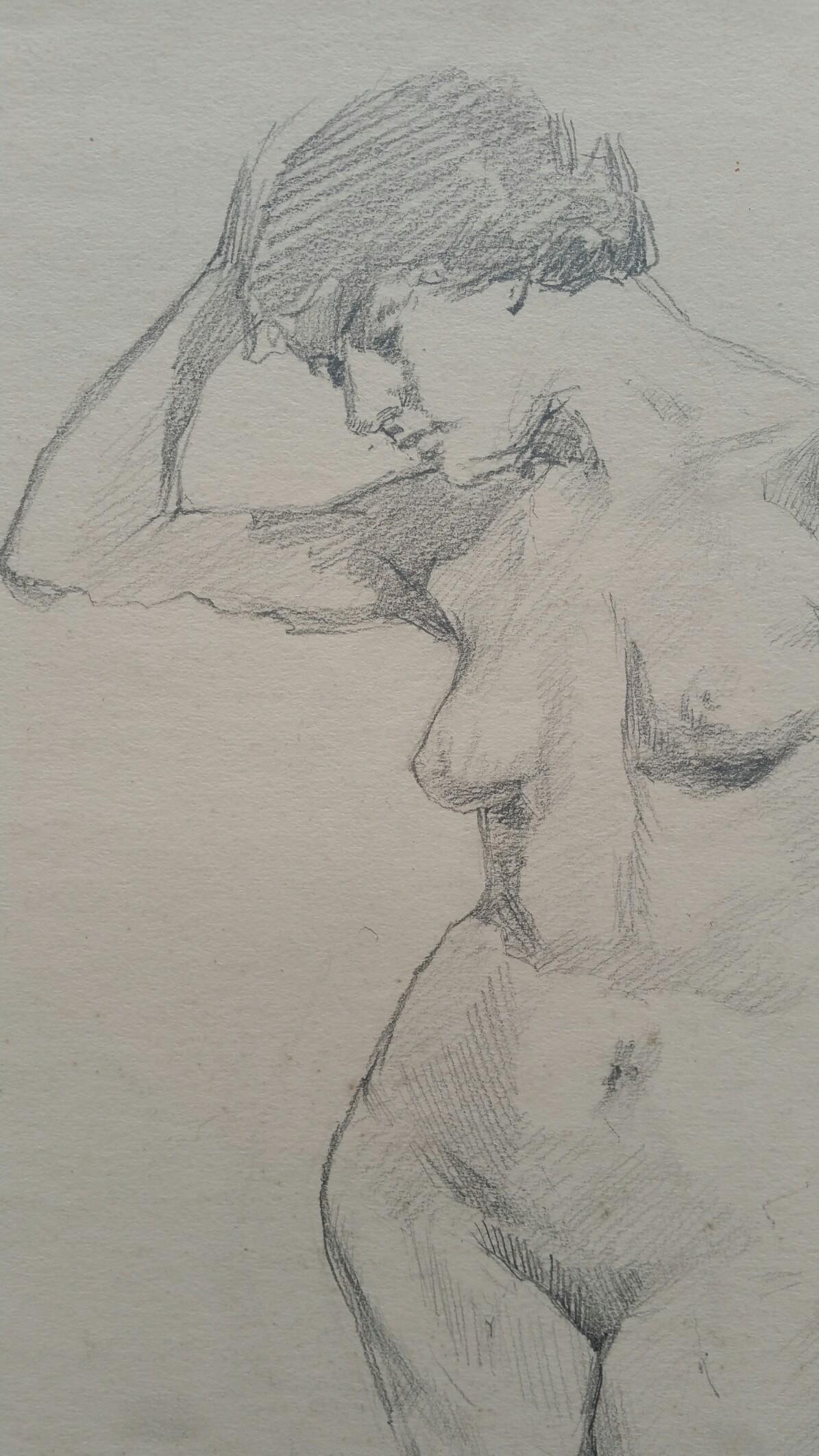 Portrait en graphite anglais d'une femme nue, pose tournée vers l'avant