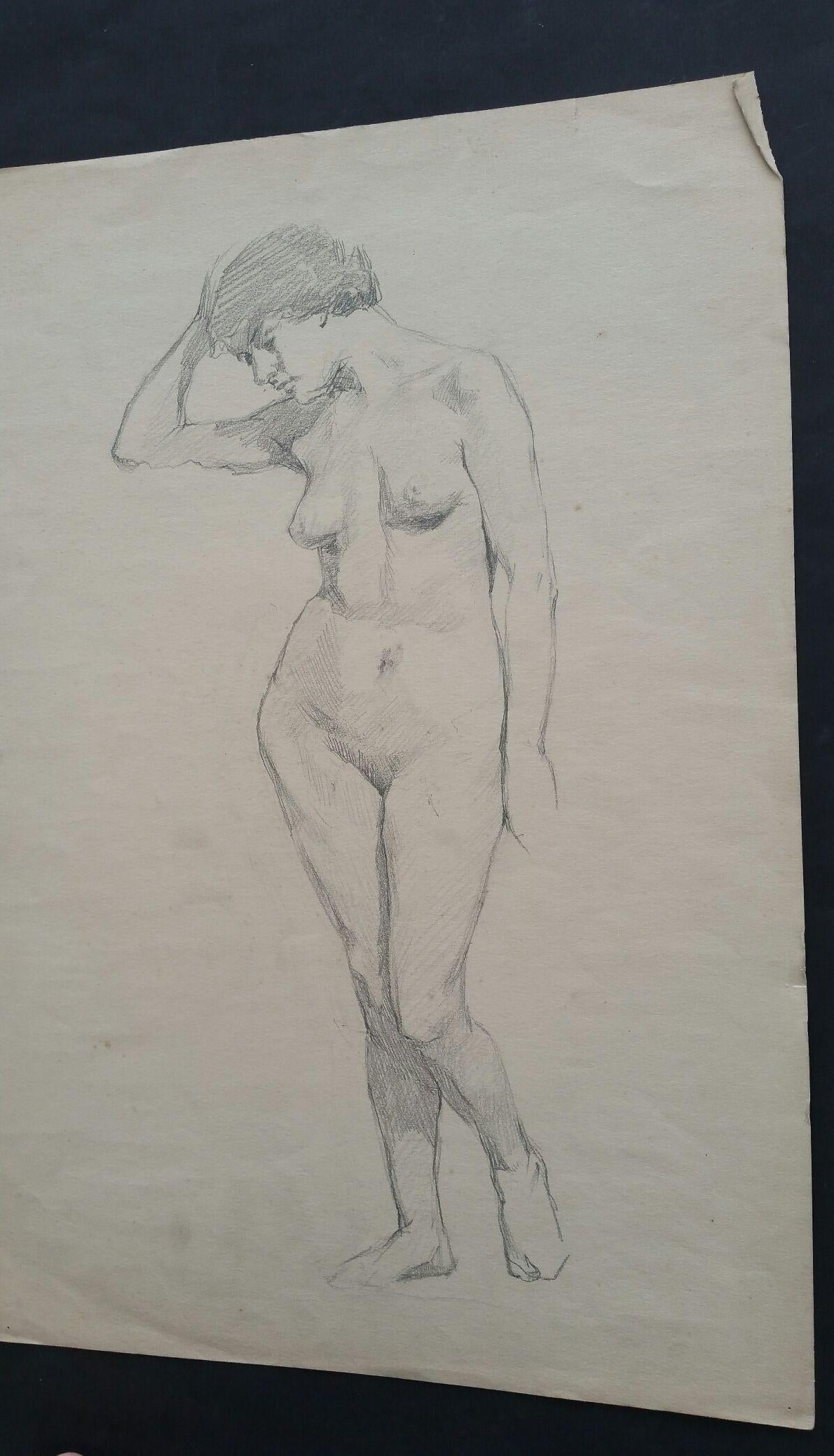 English Graphite Portrait Sketch of Female Nude, Forward Pose For Sale 1