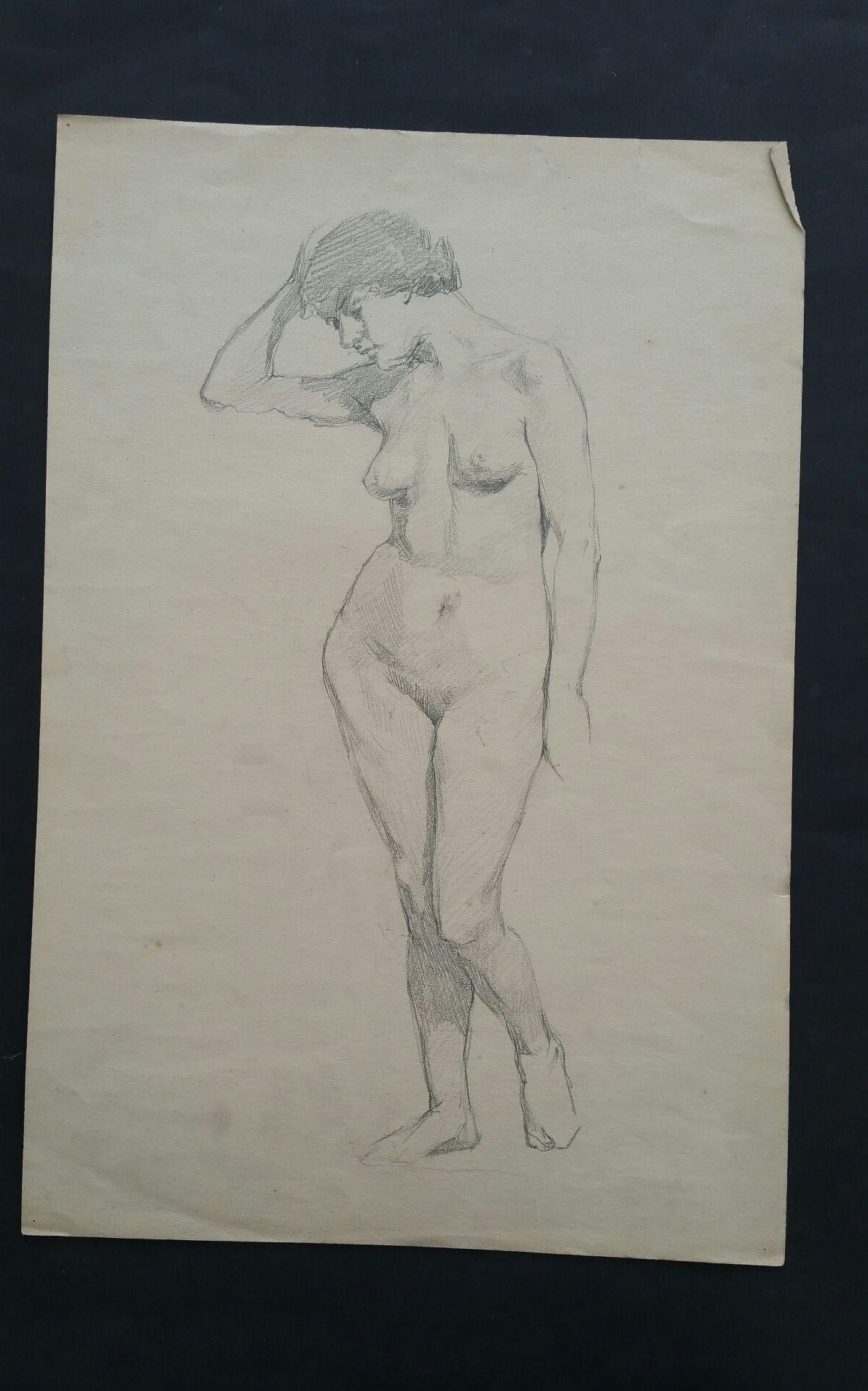 Schizzo di ritratto in grafite inglese di un nudo femminile, posa in avanti - Art Impressionismo di Henry George Moon