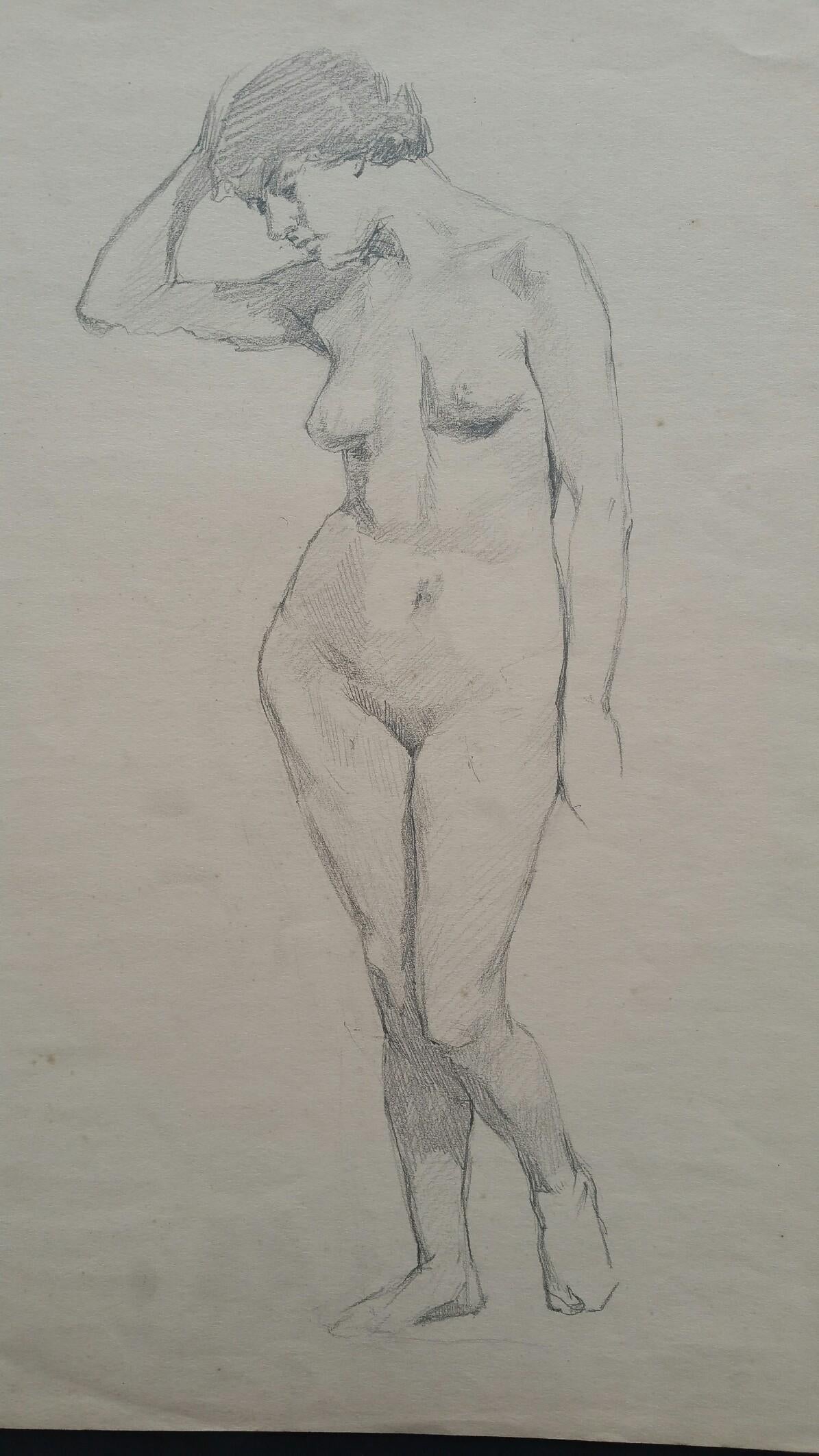 Schizzo di ritratto in grafite inglese di un nudo femminile, posa in avanti - Art di Henry George Moon