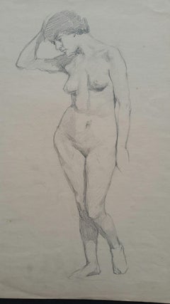 English Graphite Portrait Sketch of Female Nude, Forward Pose