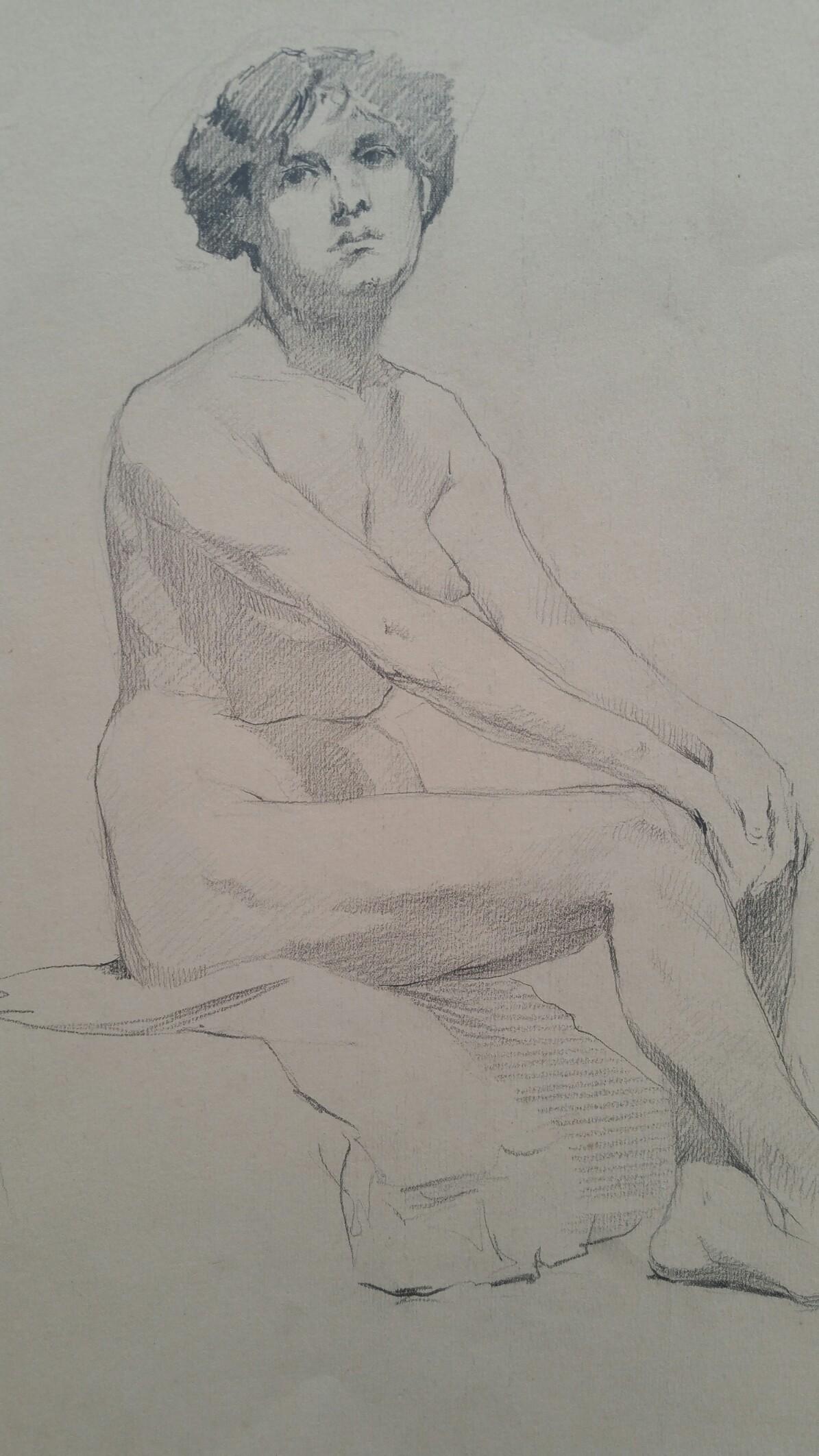 English Graphite Portrait Sketch of Female Nude, Sitting in Profile