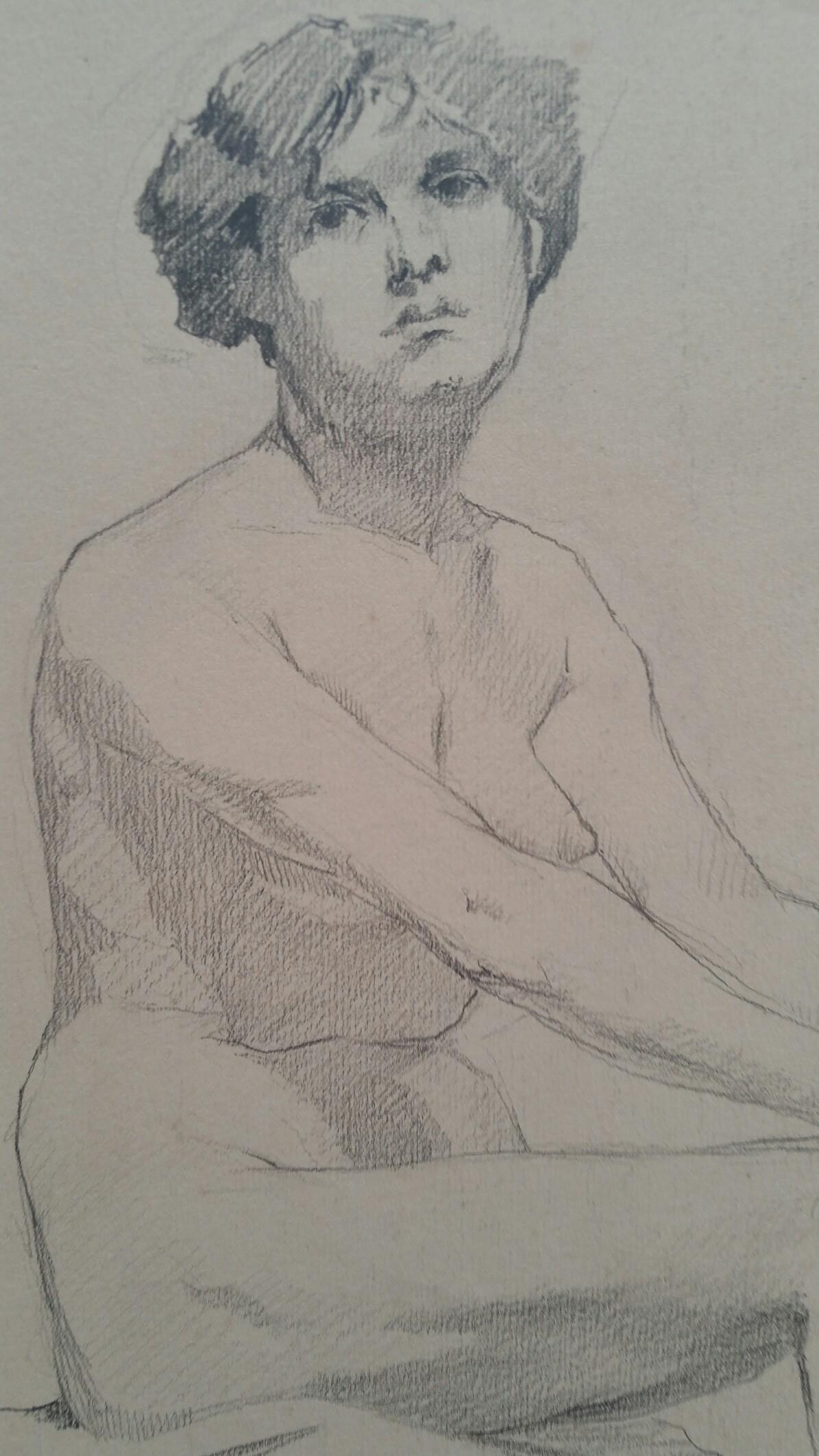 Croquis de portrait en graphite anglais d'une femme nue assis de profil - Impressionnisme Art par Henry George Moon