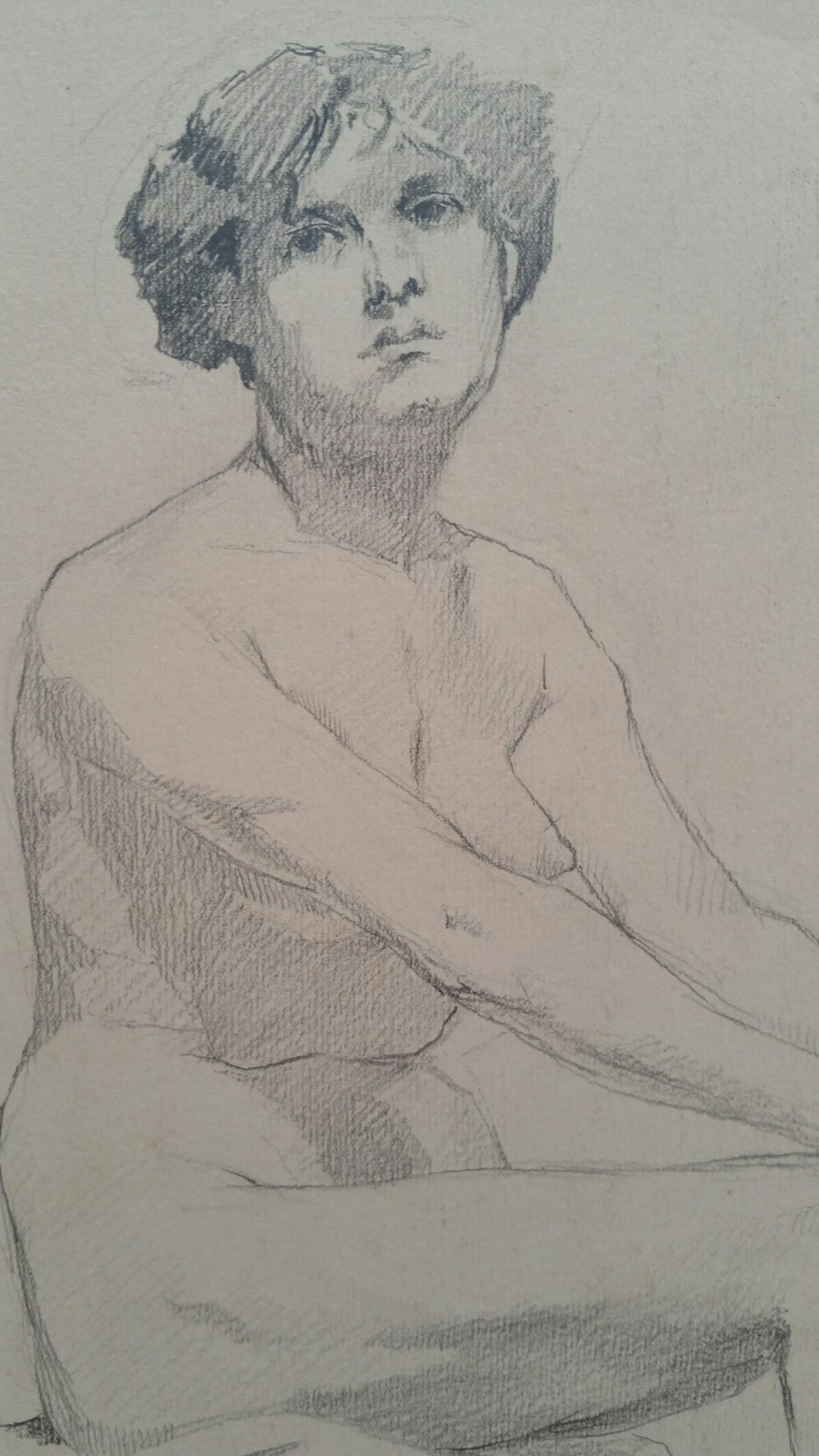 Croquis de portrait en graphite anglais d'une femme nue assis de profil - Gris Nude par Henry George Moon