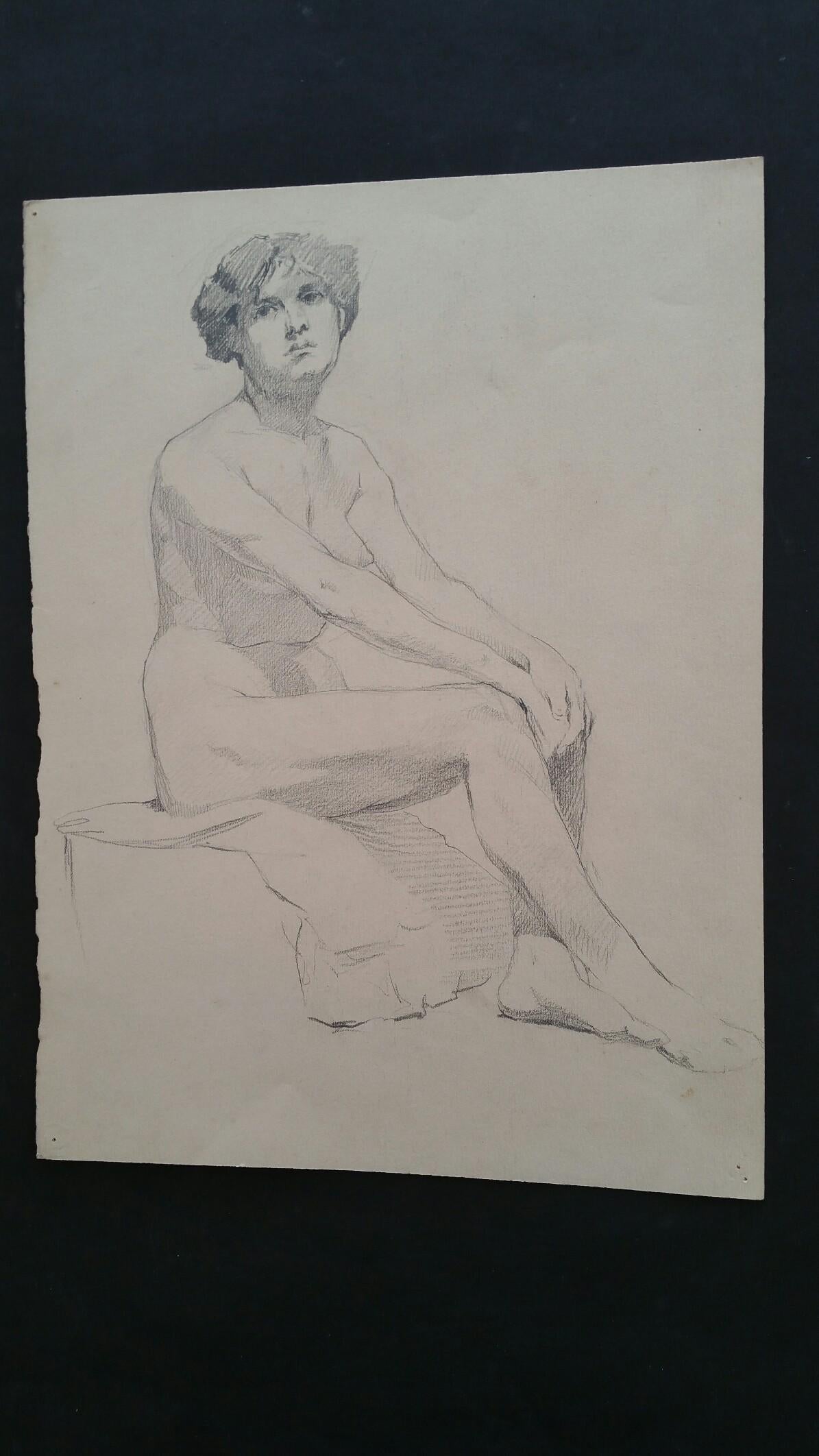English Graphite Portrait Sketch of Female Nude, Sitting in Profile For Sale 2