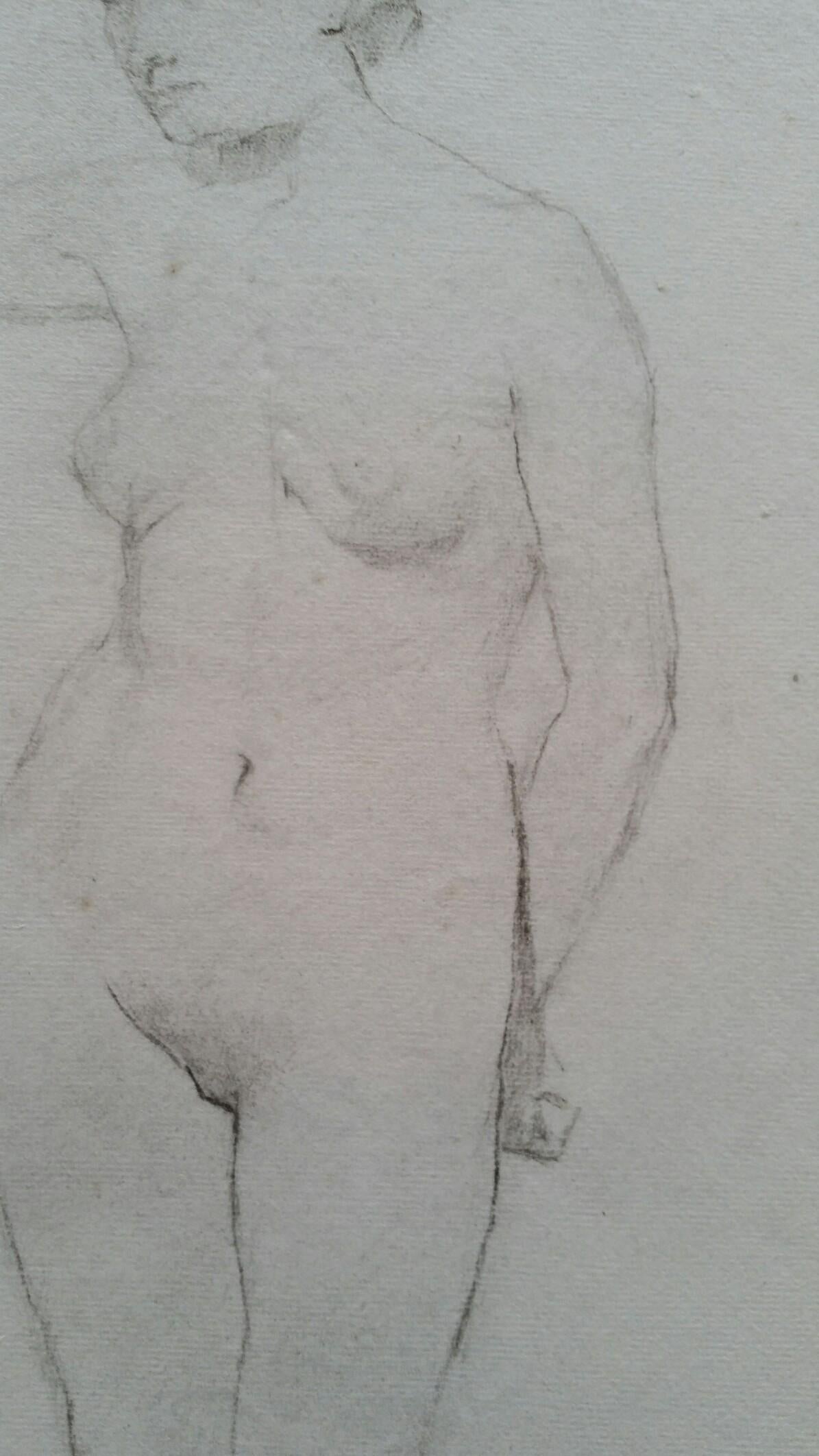 Portrait en graphite anglais d'une femme nue, debout, tournée vers l'avant en vente 1