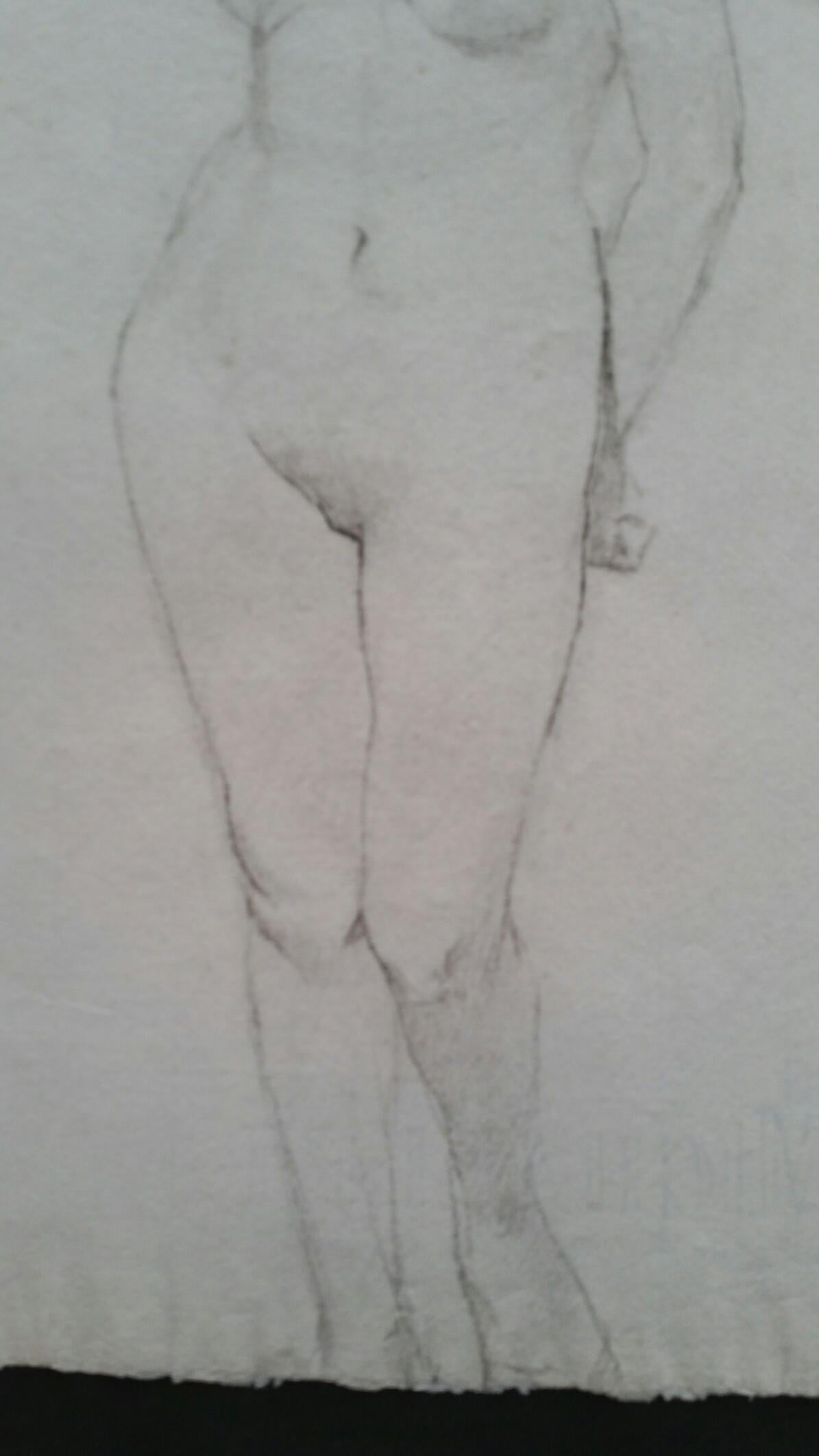 English Graphite Portrait Sketch of Female Nude, Standing Facing For Sale 2