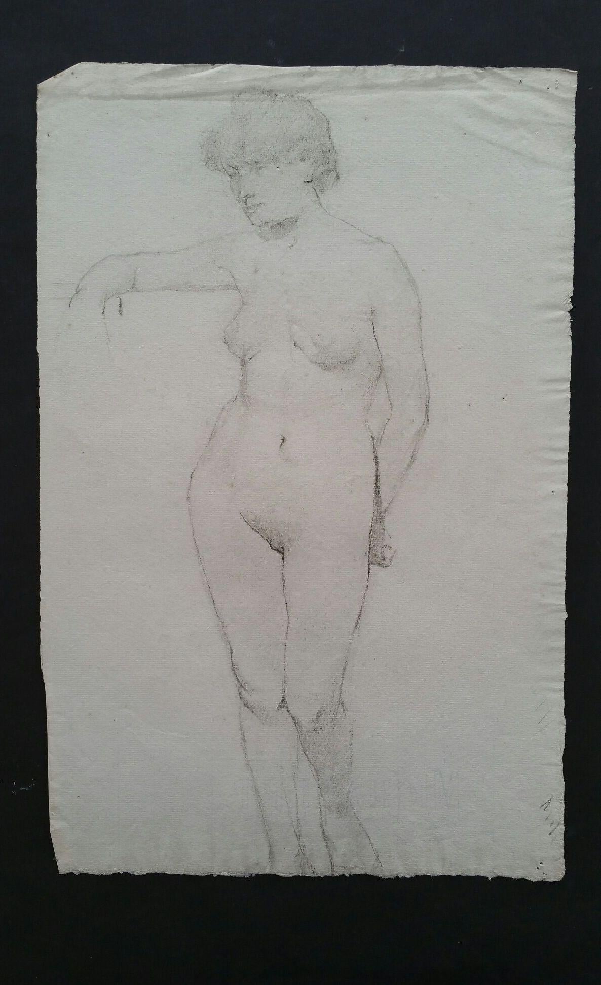 Portrait en graphite anglais d'une femme nue, debout, tournée vers l'avant - Impressionnisme Art par Henry George Moon