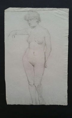 English Graphite Portrait Sketch of Female Nude, Standing Facing
