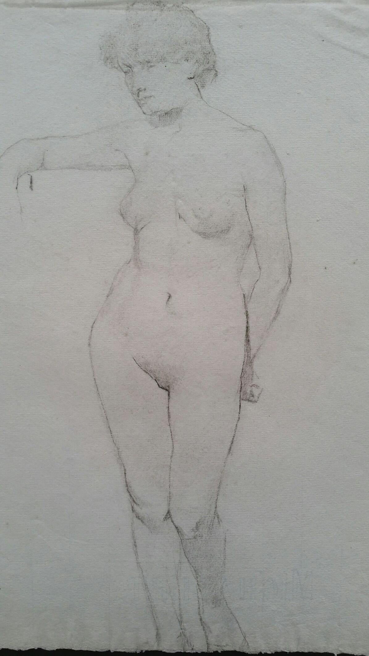 English Graphite Portrait Sketch of Female Nude, Standing Facing - Art by Henry George Moon