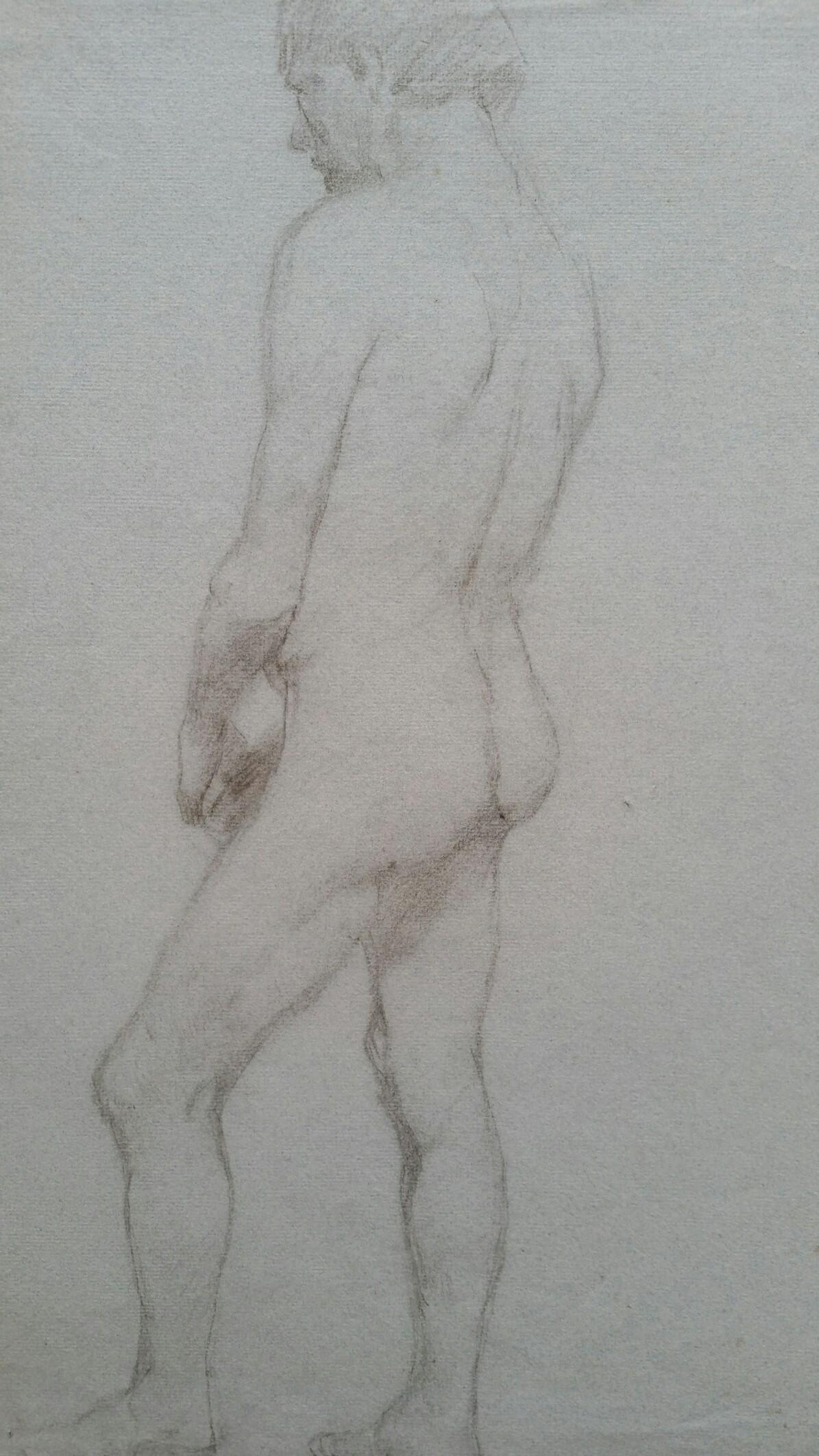 Croquis de portrait en graphite anglais d'un nu masculin, vue d'arrière