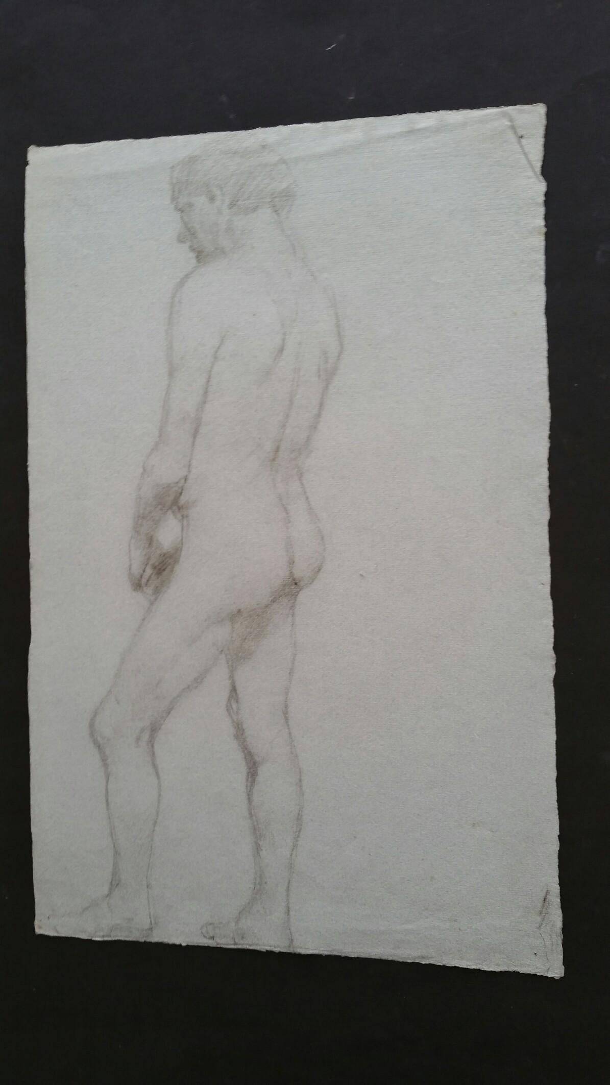 English Graphite Portrait Sketch of Male Nude, Back View For Sale 3