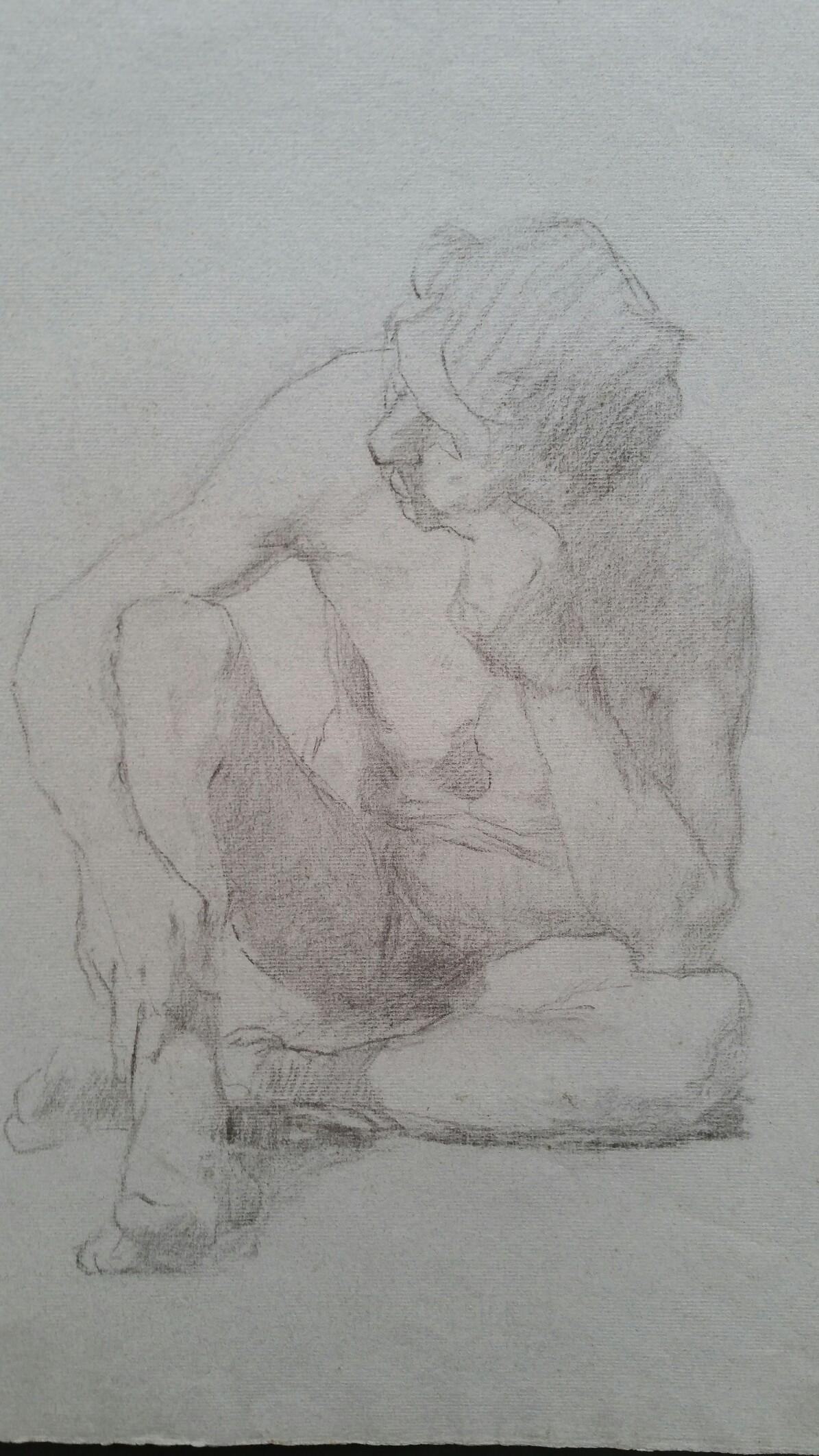 English Graphite Portrait Sketch of Male Nude, Seated - Art by Henry George Moon