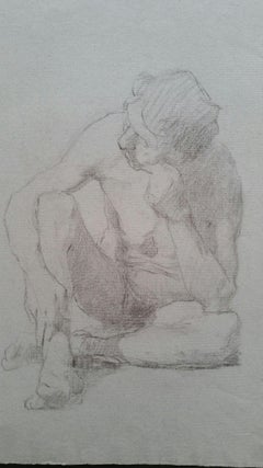 English Graphite Portrait Sketch of Male Nude, Seated