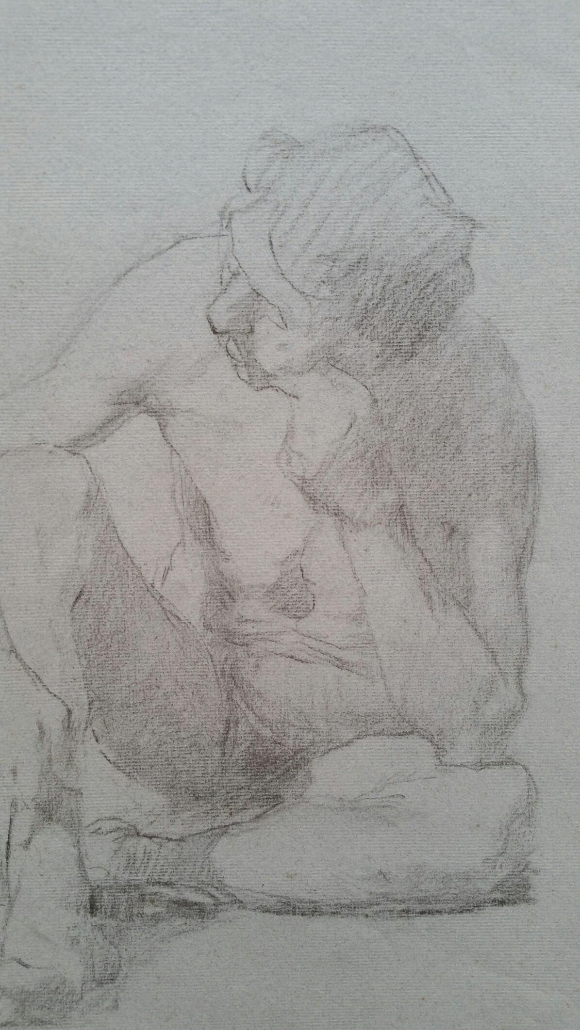English Graphite Sketch of a Male Nude, Seated
by Henry George Moon (British 1857-1905)
on pale grey artists paper, unframed
measurements: sheet 18.75 x 12 inches

provenance: from the artists estate

Condition report: pin holes to corners where it