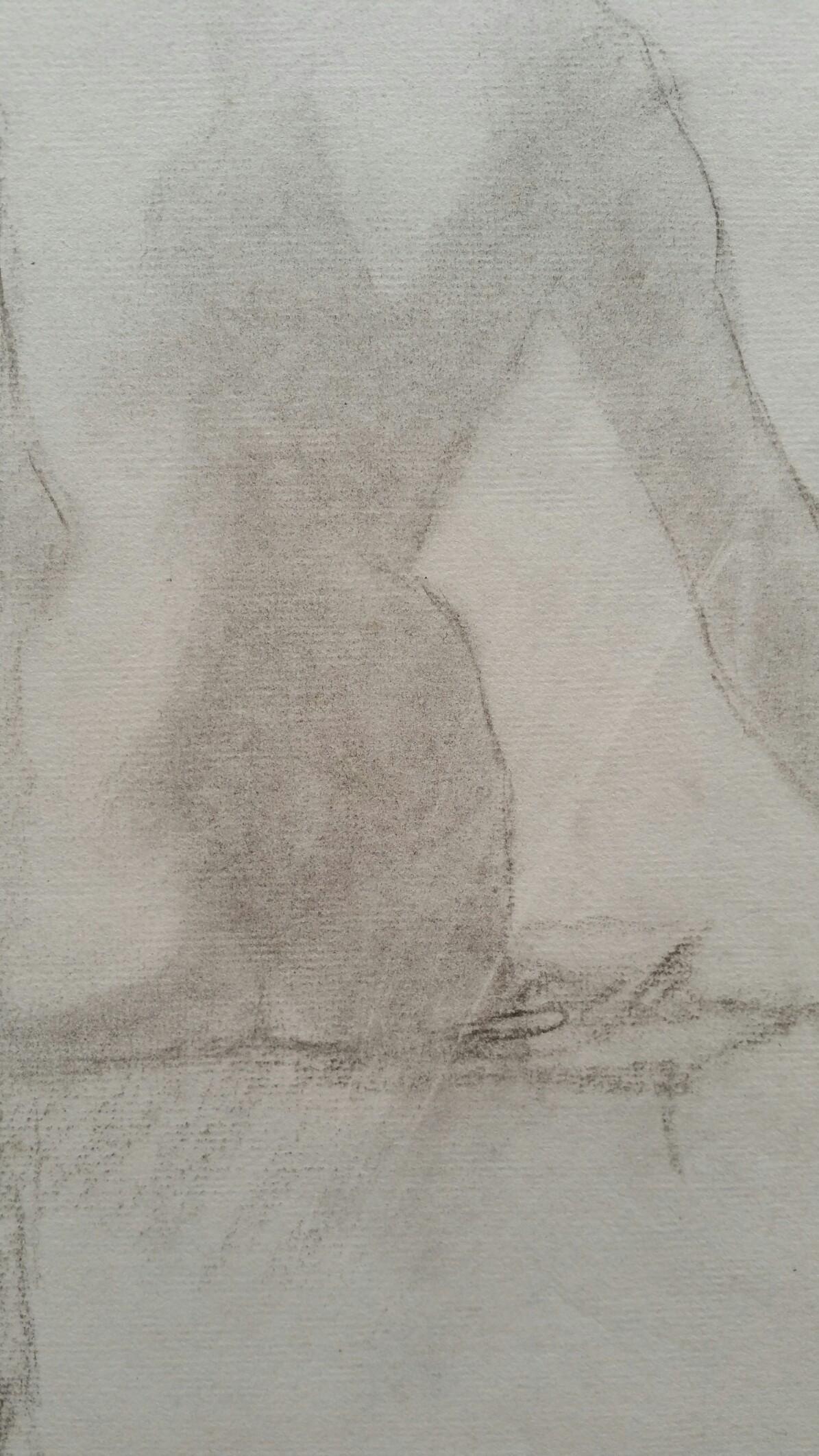 English Graphite Sketch of a Female Nude, Back View, Seated
by Henry George Moon (British 1857-1905)
on off white artists paper, unframed
measurements: sheet 18.75 x 12 inches 

provenance: from the artists estate

Condition report: pin holes to