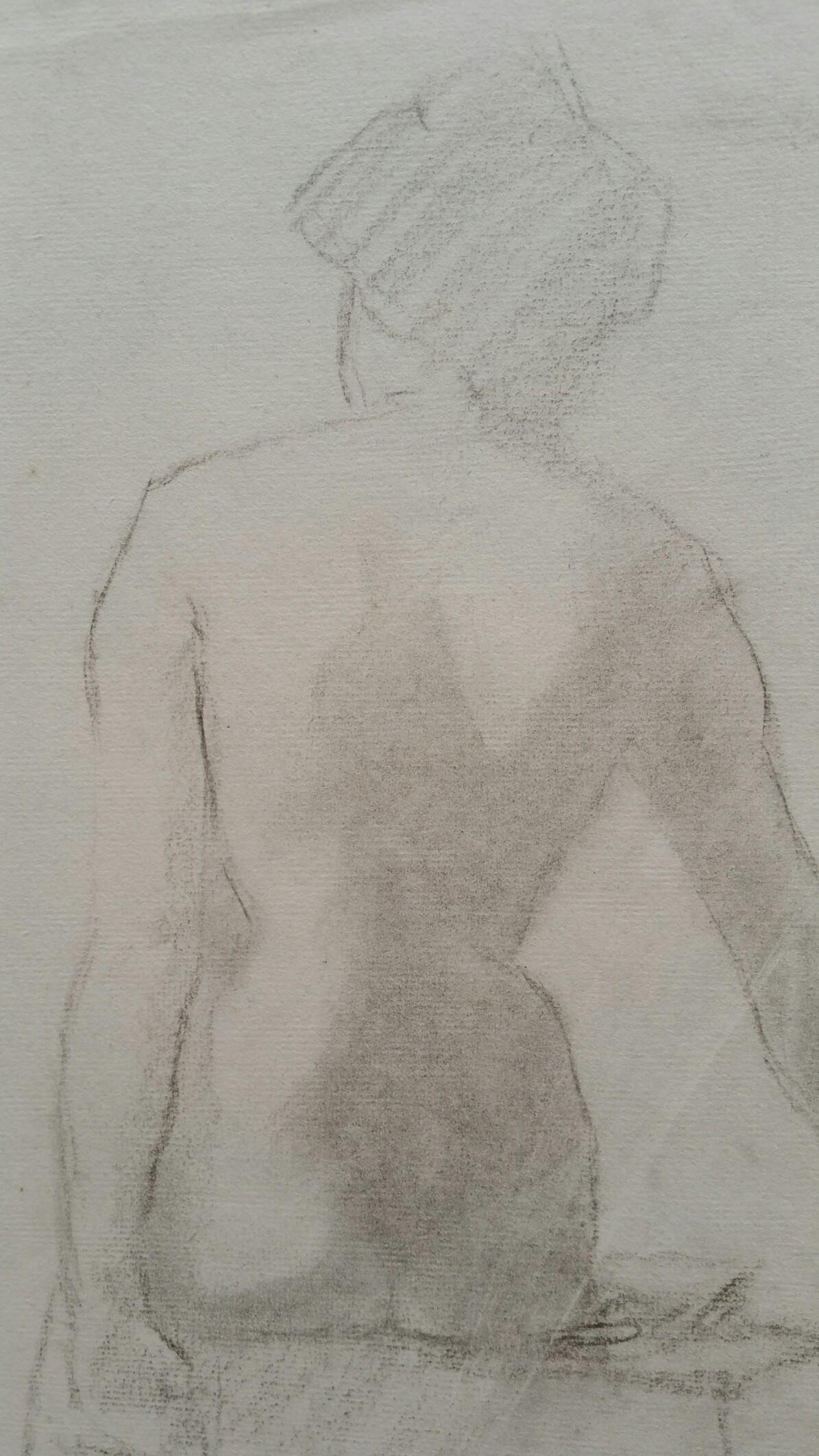 English Graphite Portrait Sketch of Female Nude Rear View Seated For Sale 1