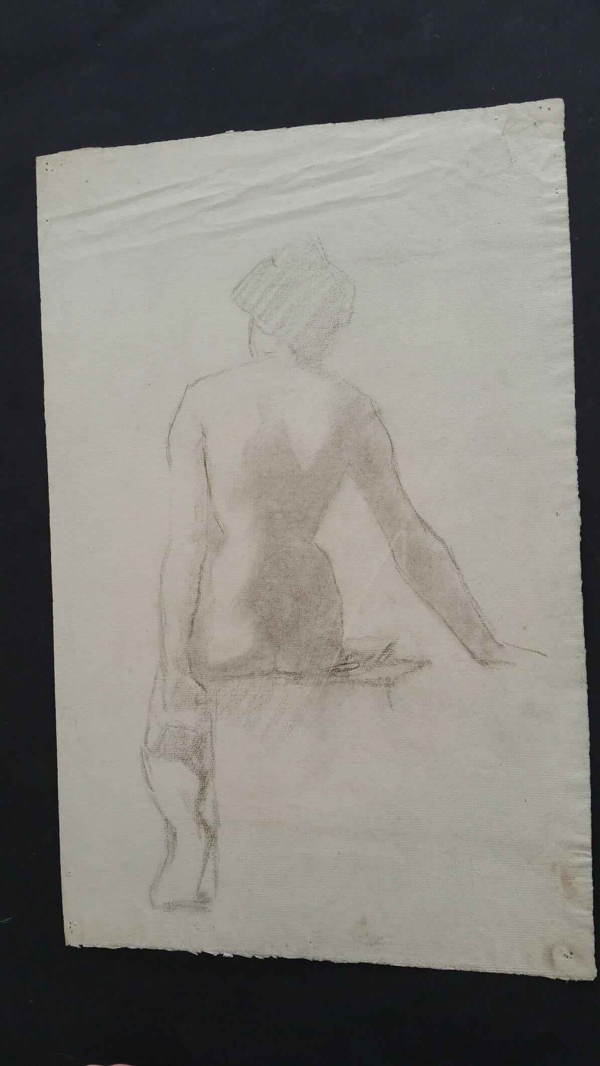 English Graphite Portrait Sketch of Female Nude Rear View Seated For Sale 3
