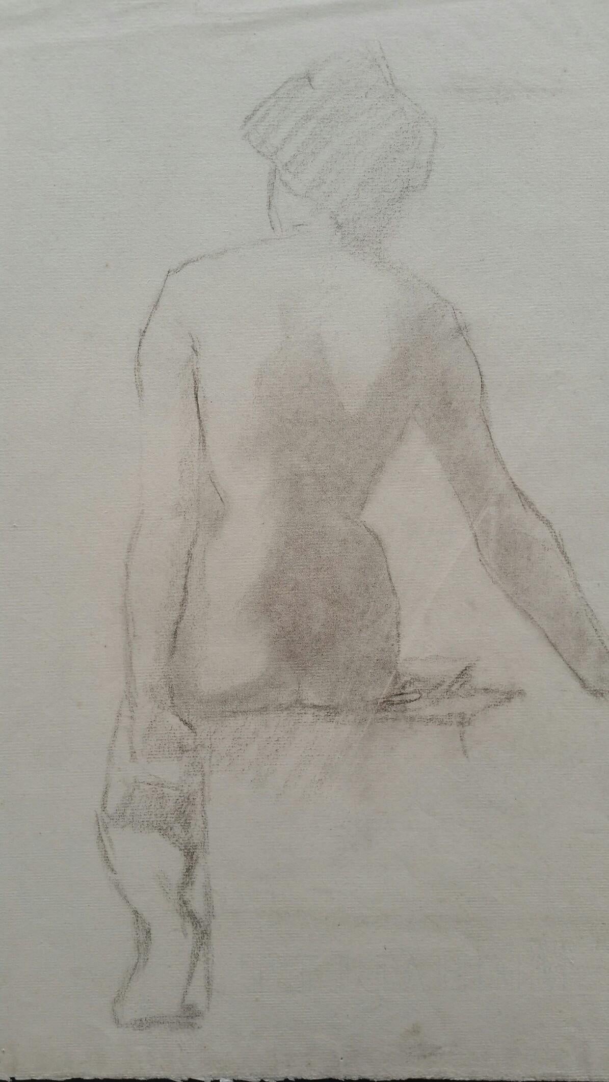 Croquis de portrait en graphite anglais d'une femme nue assise d'une vue arrière