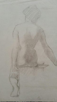 Antique English Graphite Portrait Sketch of Female Nude Rear View Seated