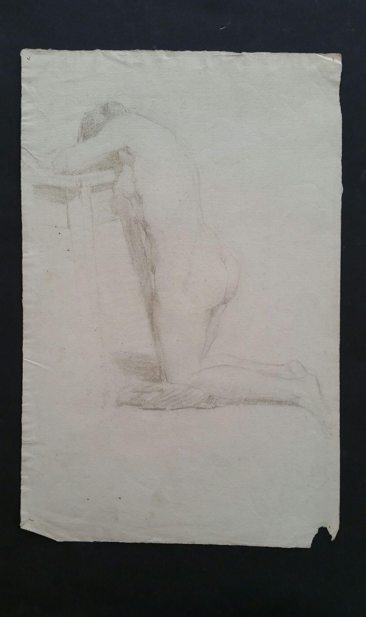 English Graphite Portrait Sketch of Female Nude, Kneeling - Impressionist Art by Henry George Moon