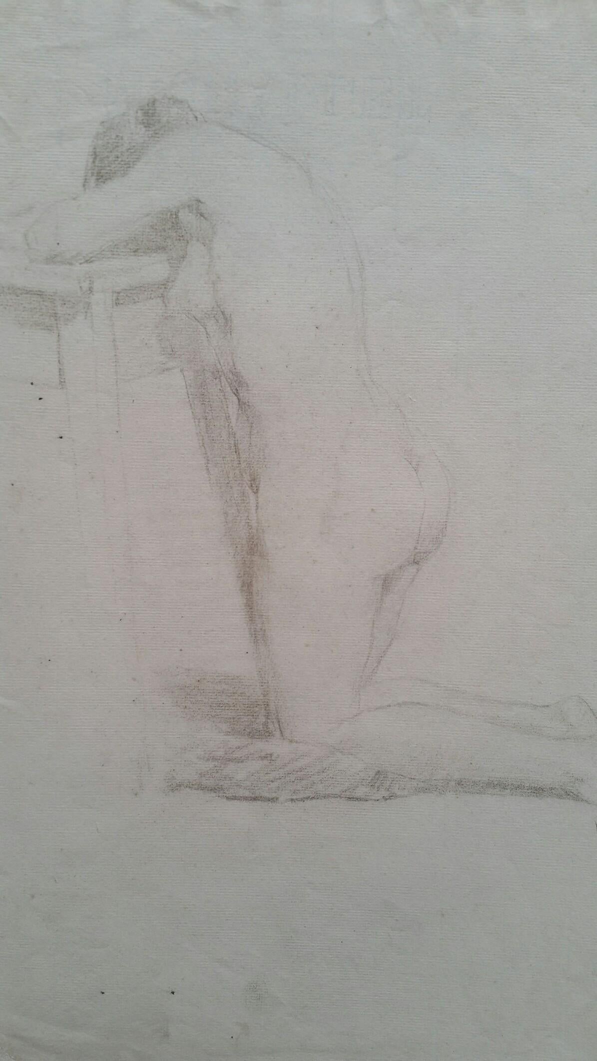 English Graphite Portrait Sketch of Female Nude, Kneeling - Art by Henry George Moon