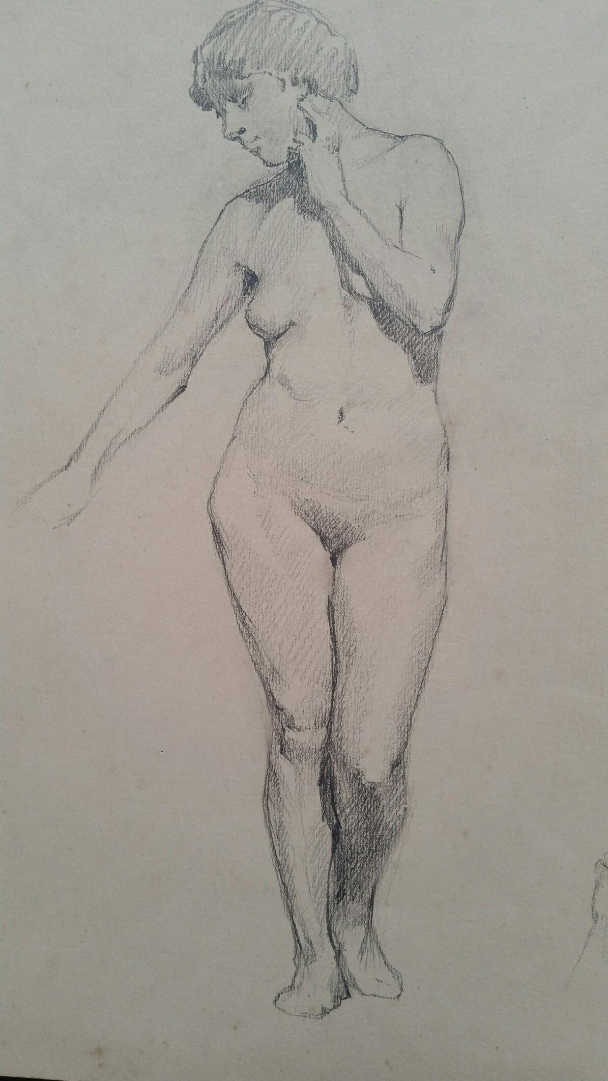 English Antique Portrait Sketch of Female Nude Standing - Art by Henry George Moon