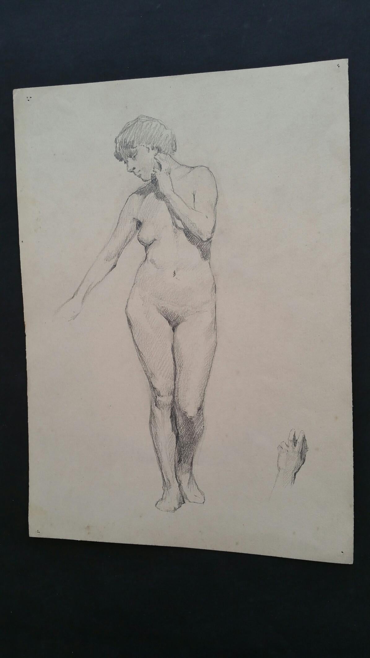 English Antique Portrait Sketch of Female Nude Standing For Sale 1