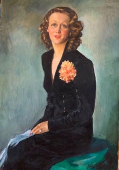 1940's French Oil Painting Portrait of a Lady in Black dress Fashion Interiors