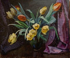 1940's French Still Life Tulips against Purple Background Oil Painting on Canvas