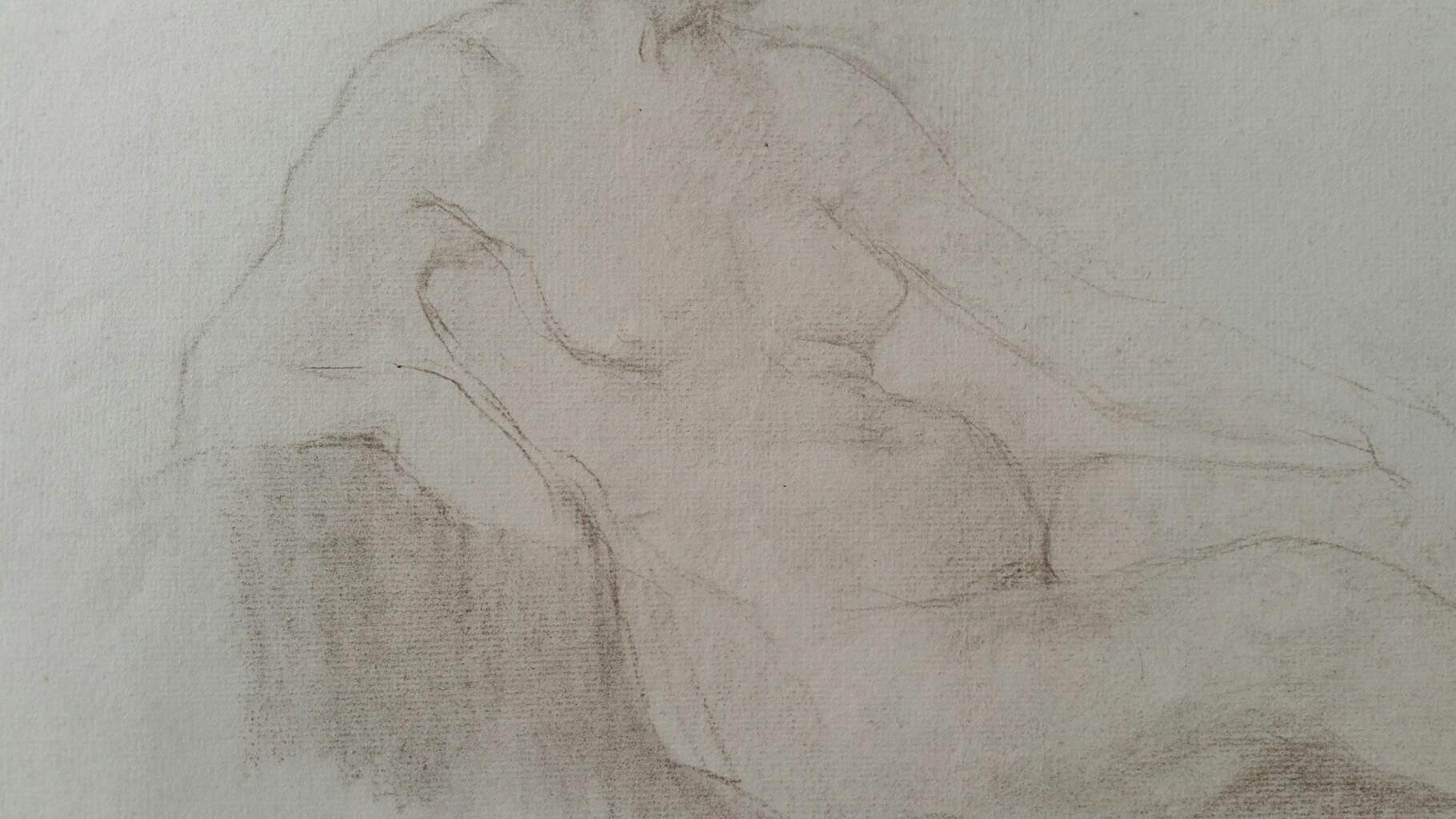 English Antique Portrait Sketch of Reclining Female Nude (double sided) - Impressionist Art by Henry George Moon