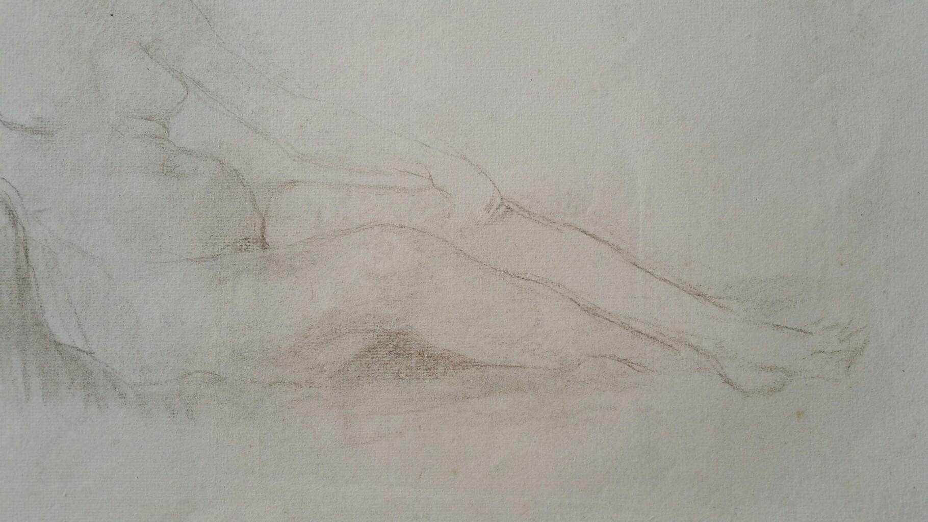 English Graphite Sketch of a Female Nude, Reclining (double sided sheet, another similar image verso)
by Henry George Moon (British 1857-1905)
on off white artists paper, unframed
measurements: sheet 15 x 21 inches 

provenance: from the artists