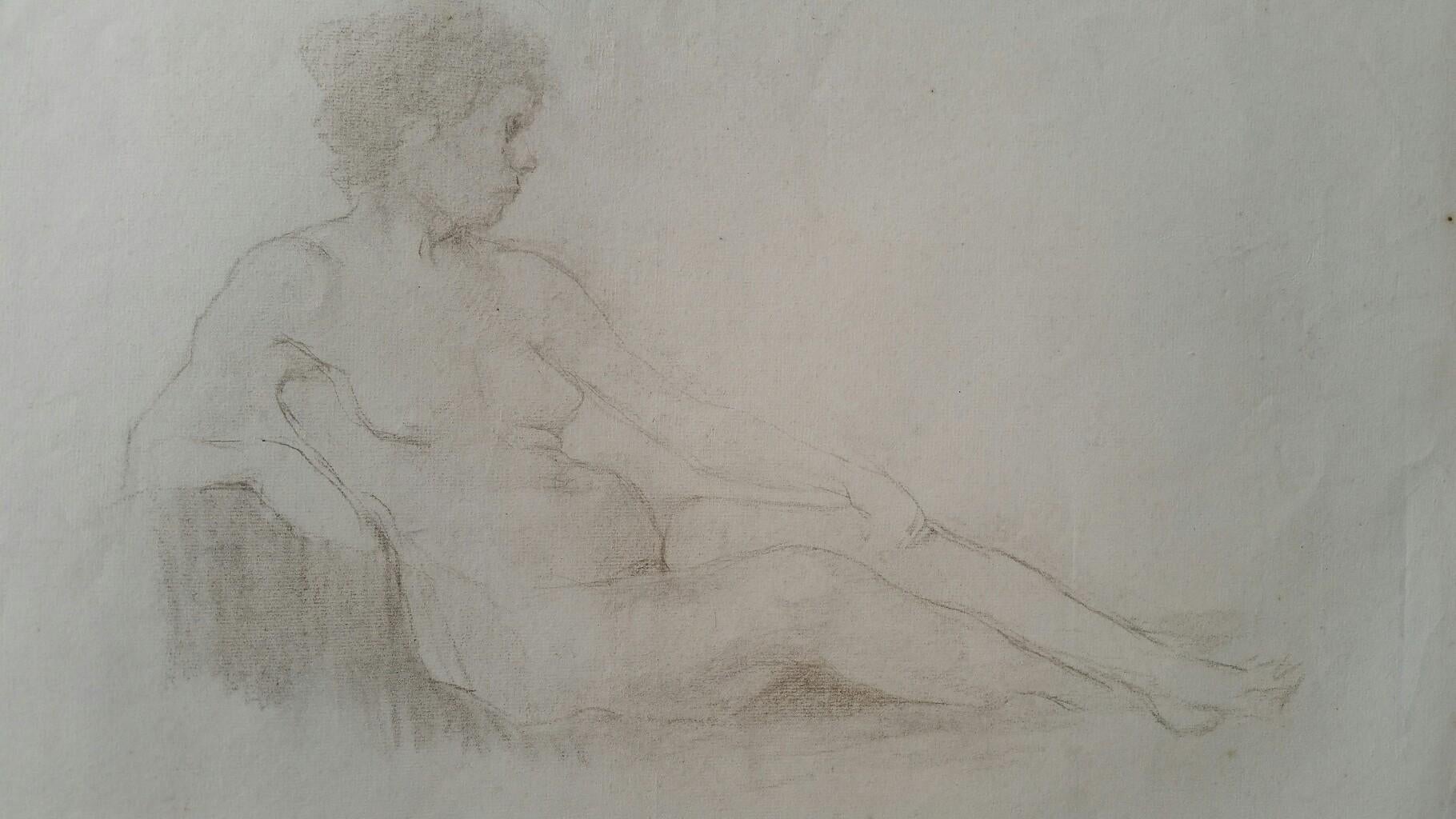 English Antique Portrait Sketch of Reclining Female Nude (double sided) - Art by Henry George Moon