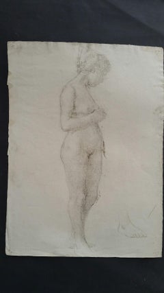 English Antique Portrait Sketch of Female Nude Standing