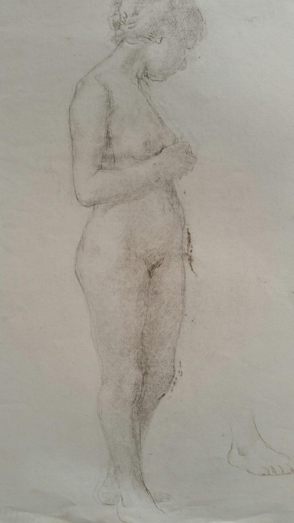 English Graphite Sketch of a Female Nude, Standing 
by Henry George Moon (British 1857-1905)
on off white artists paper, unframed
measurements: sheet 21 x 15.5 inches 

provenance: from the artists estate

Condition report: pin holes to corners